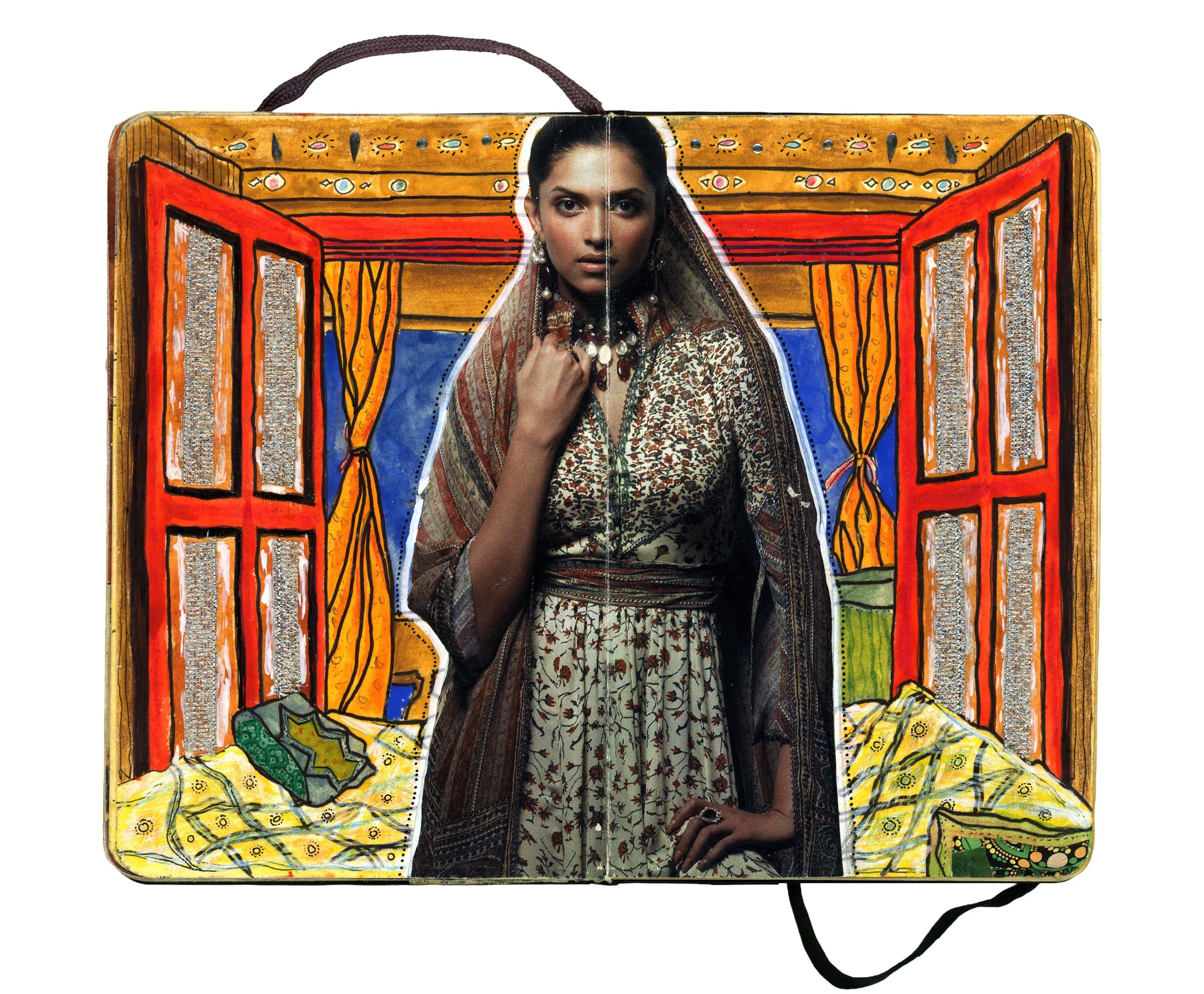 A collage of a woman dressed in traditional Indian attire standing in front of a brightly painted cartoon-style bedroom scene with open windows, yellow curtains, and a bed with patterned bedspread.