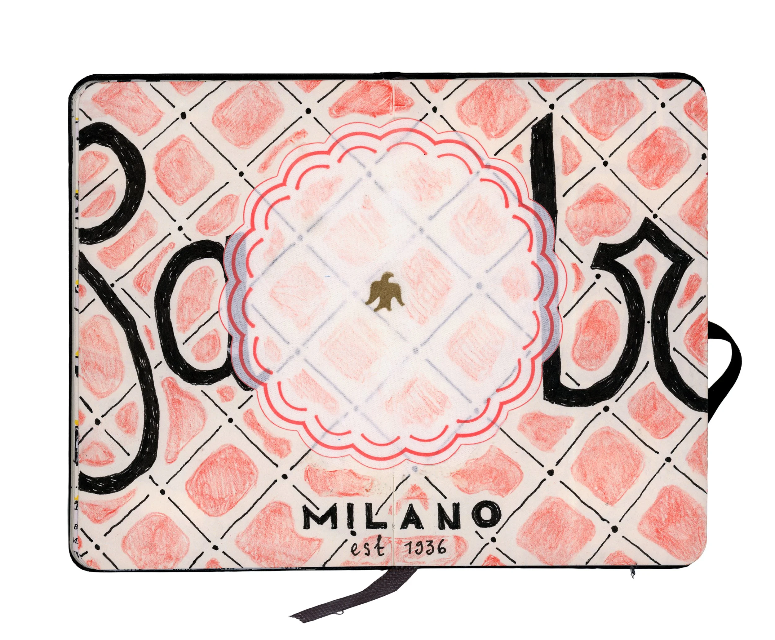 Colorful illustrated notebook cover with the word 'MILANO', a brown hand silhouette, and a pink and beige diamond pattern background.