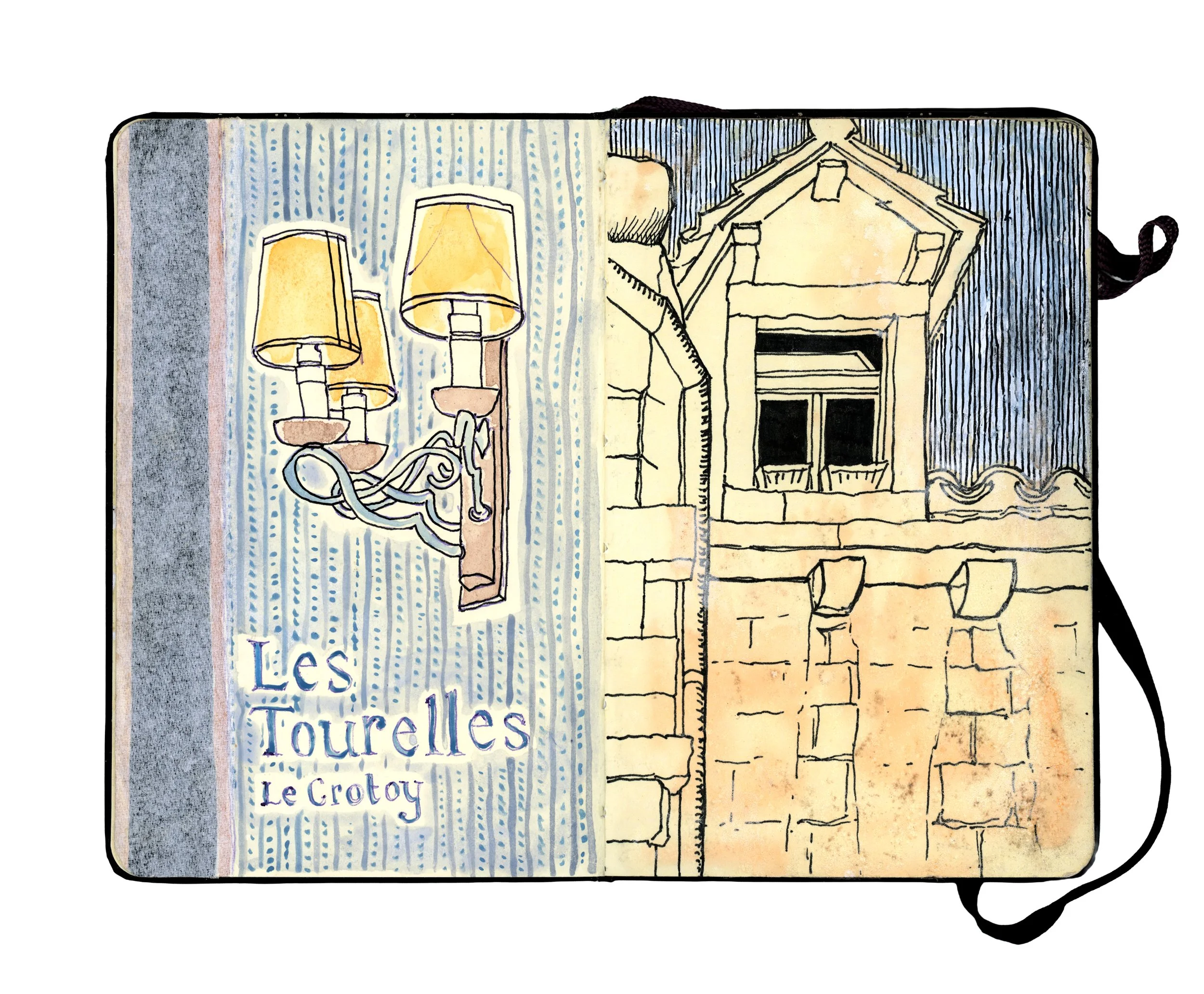 Sketchbook page featuring a watercolor drawing of an indoor scene with a wall-mounted lamp and a detailed outline of a building facade with a window and brick wall, along with the text 'Les Tourelles Le Crotoy'.