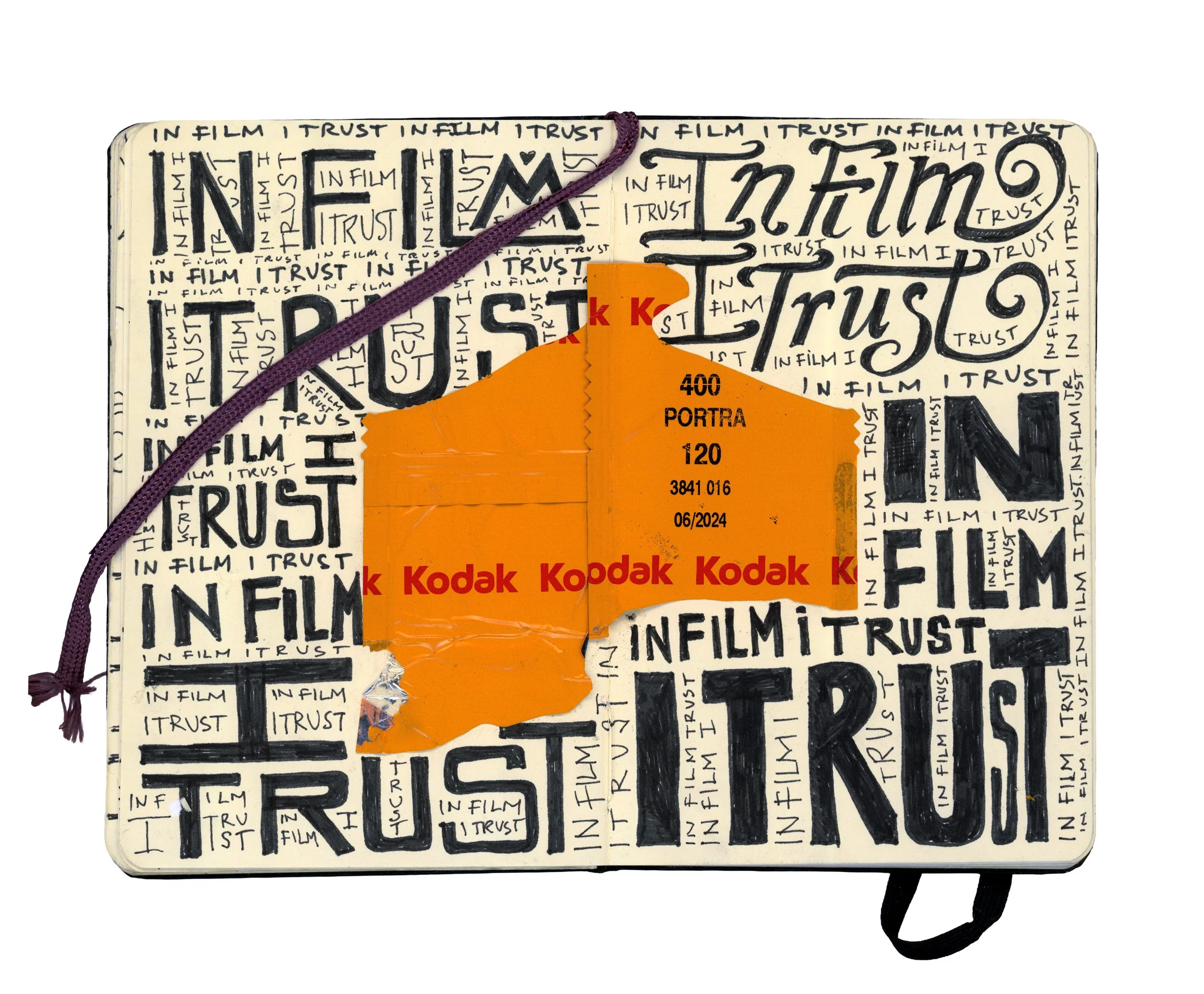 Travel book featuring the phrase "In Film I Trust" repeatedly in black text on a white background, with orange movie tickets attached in the center and purple and black strings tied on the left and right sides.