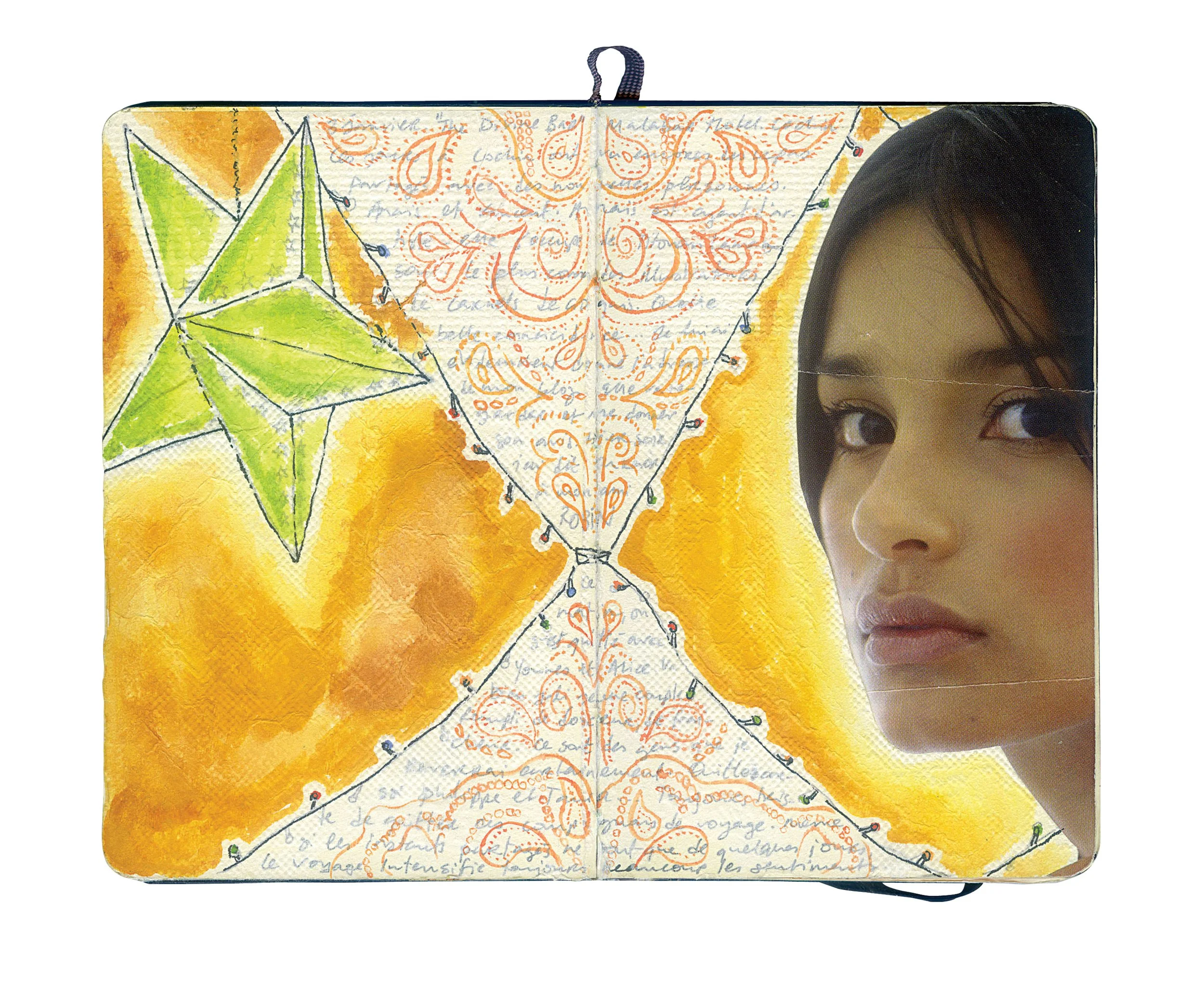 A notebook with colorful sketches and handwritten notes, displaying a green diamond shape, orange and red decorative patterns, and a portrait of a woman with dark hair on the right side.
