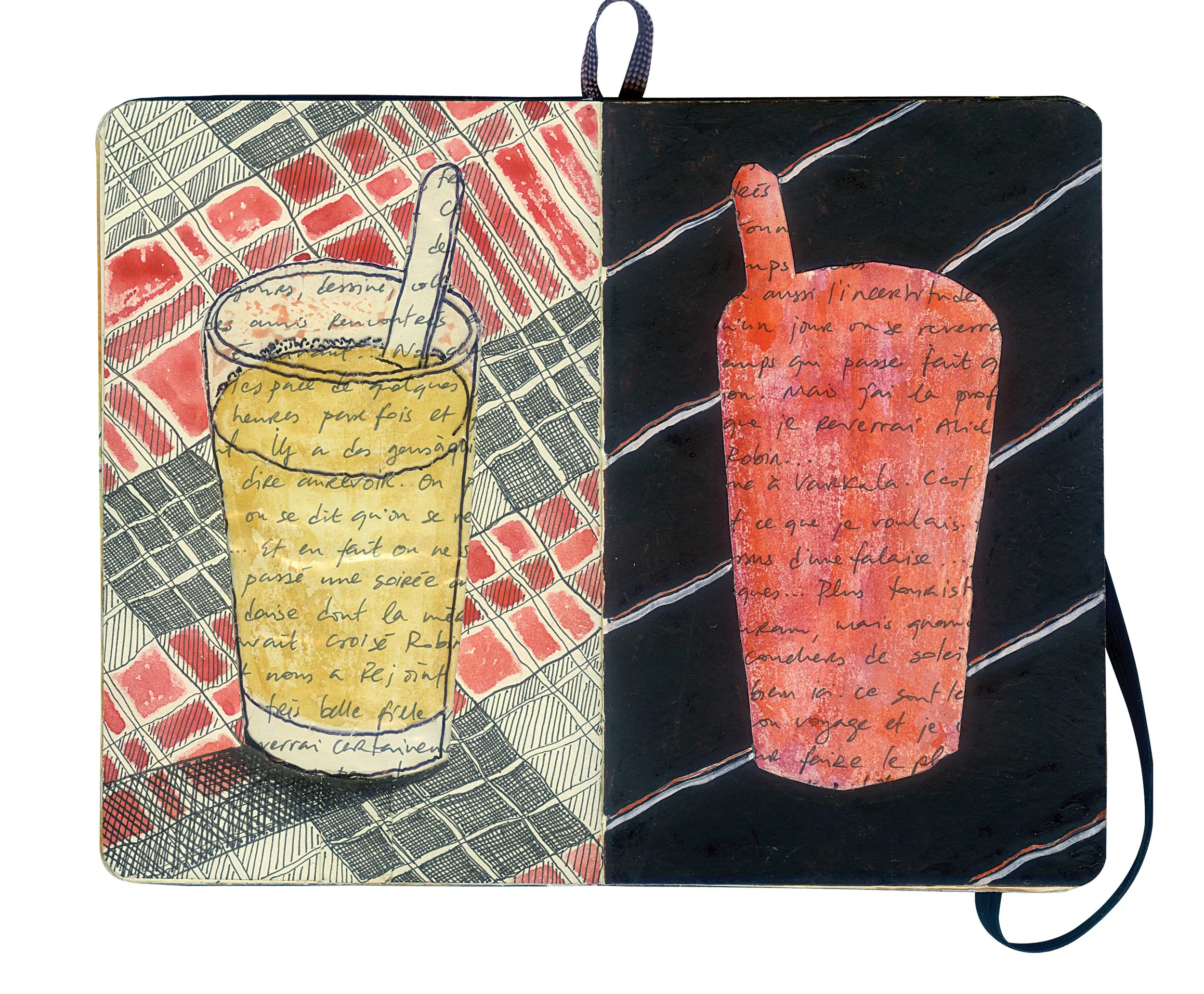 A decorative notebook or journal with a cover featuring a mixed media design of handwritten text, drawings of a glass, and abstract patterns in black, red, yellow, and pink colors.