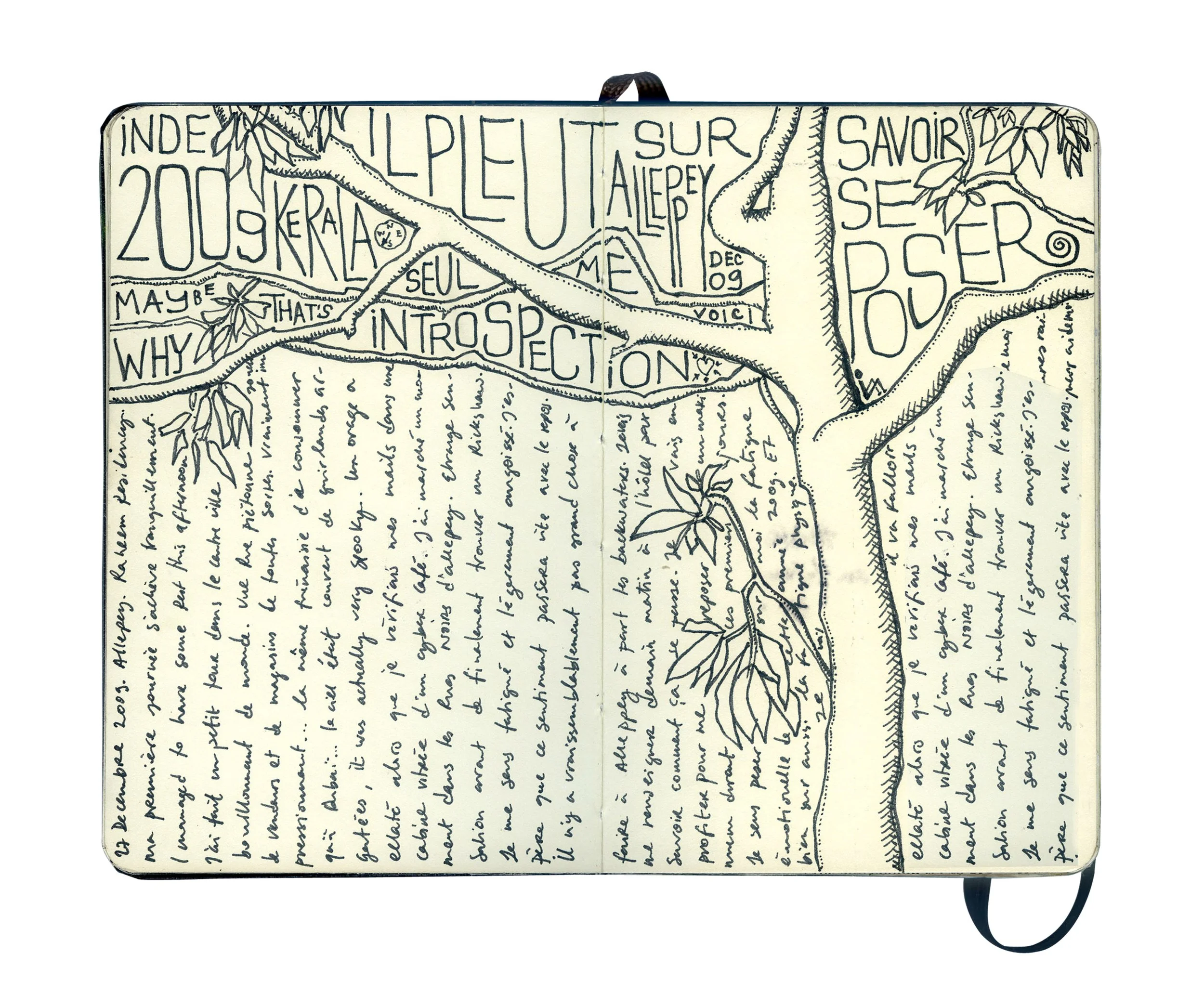 A handwritten journal page featuring a sketch of a tree with branches and leaves, along with French words and phrases integrated into the drawing, and handwritten text in French filling the page.