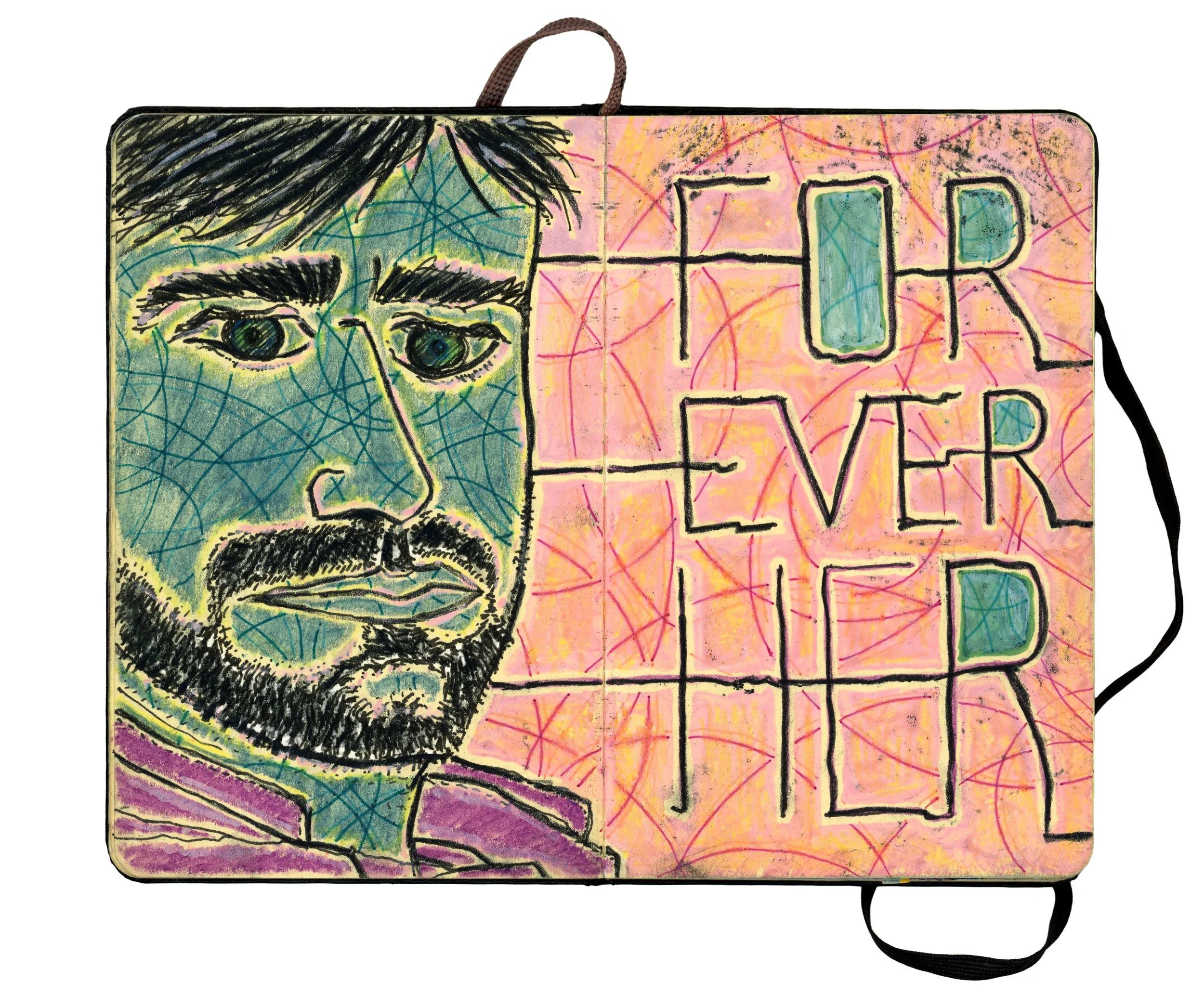 Colorful drawing of a man with dark hair and a beard, alongside pink background with the words "FOR EVER AND EVER" in outlined letters.