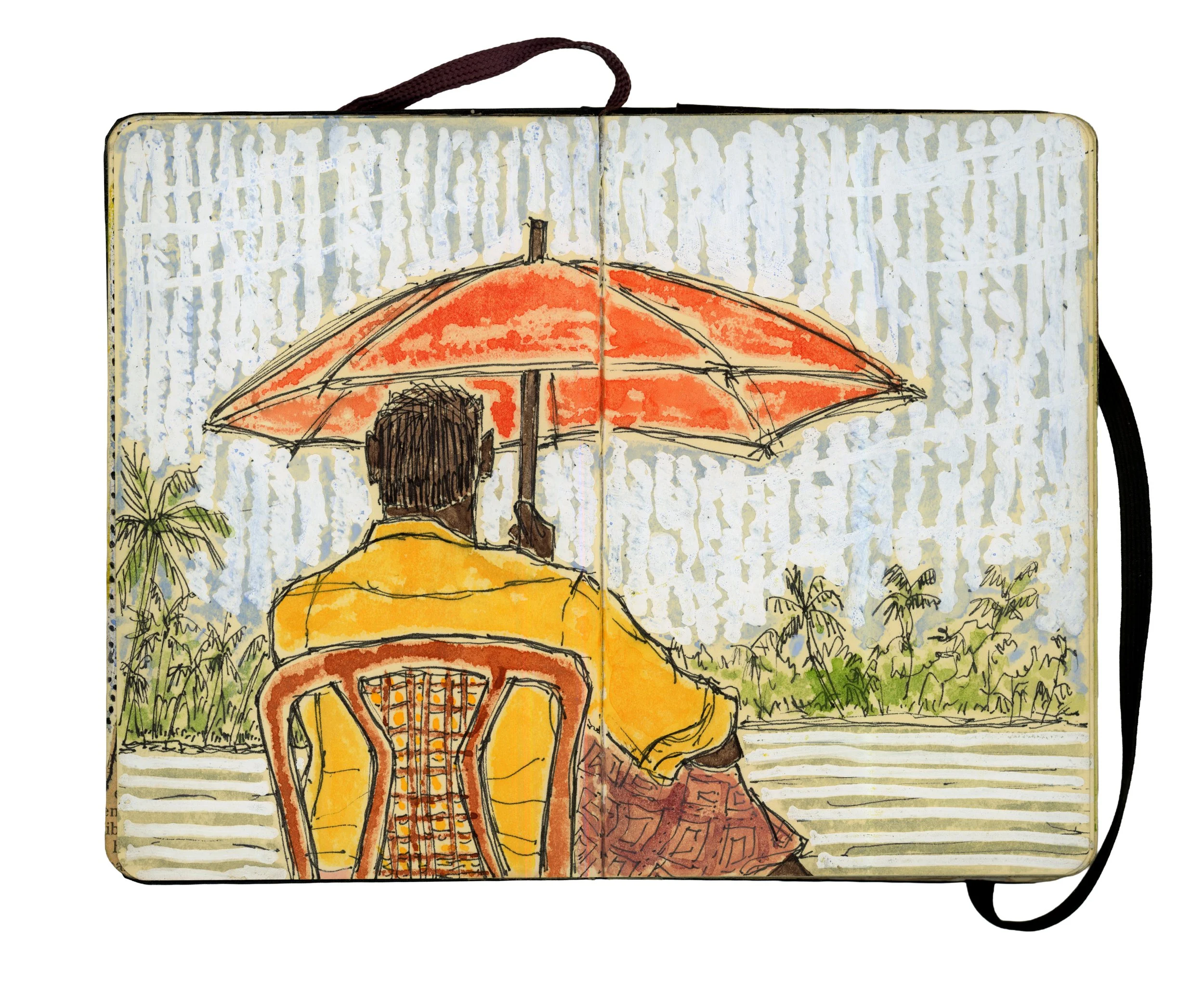 Drawing of a person sitting on a chair under an orange umbrella, facing a row of plants with a patterned ground and a textured sky background.