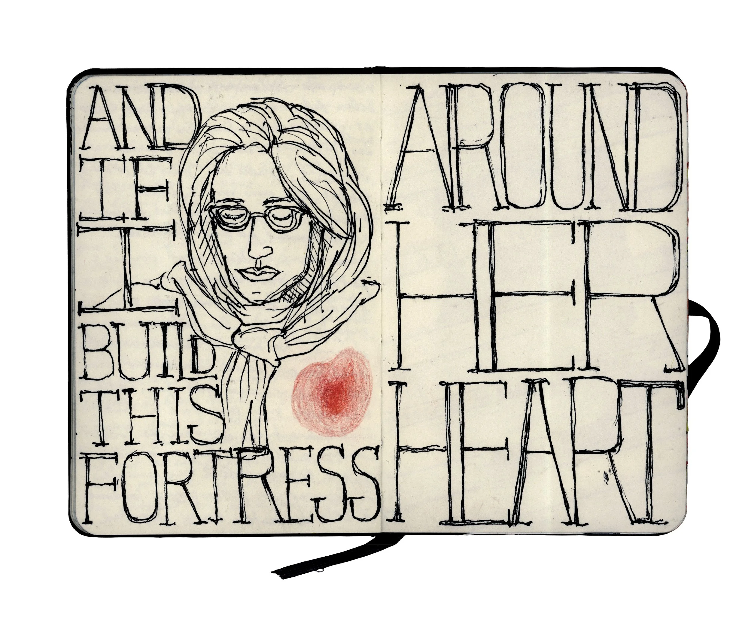 Travel Book, Sketch of a woman with glasses and long hair holding a heart, surrounded by handwritten text with the words, hand made typography