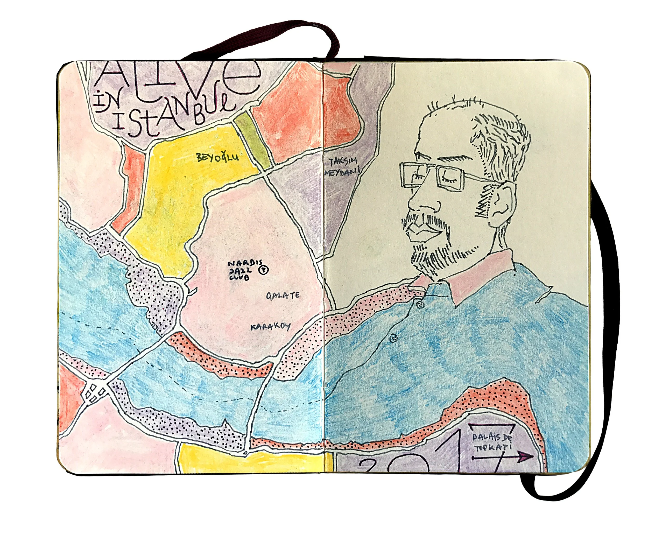 A travel Book, Hand-drawn map of Istanbul with colorful sections labeled in Turkish, and a sketch of a man wearing glasses on the right side. Hand Made typography