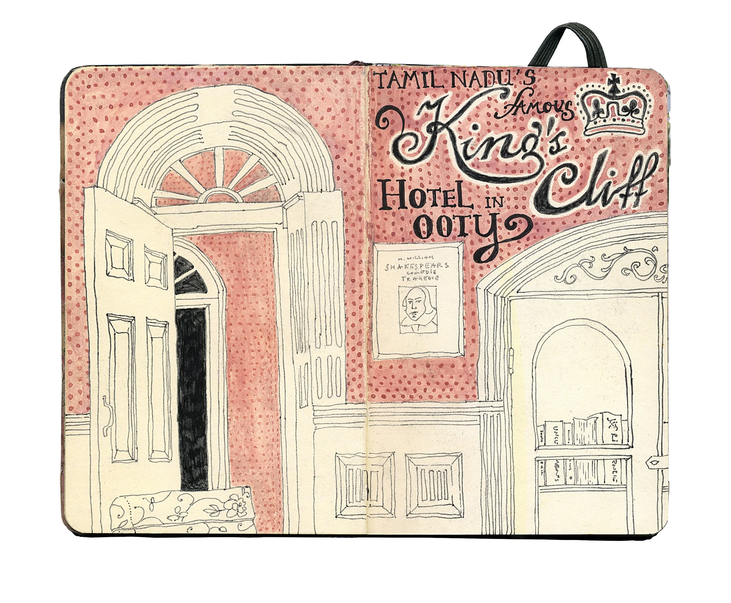 Illustration of hotel interior with open door, ornate ceiling, pink dotted wallpaper, framed portrait, and decorative archway with books, with handwritten text about the hotel and related details.