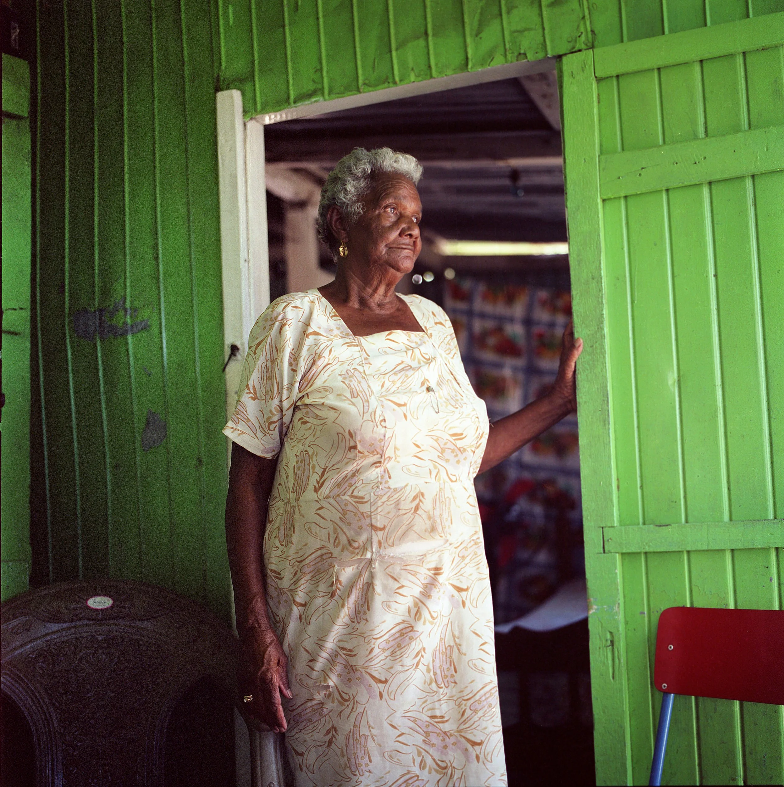 In Mauritius, Flack, An elderly woman with gray hair wearing a light-colored patterned dress standing in a room with bright green wooden walls, holding the door frame, looking outside with a contemplative expression.