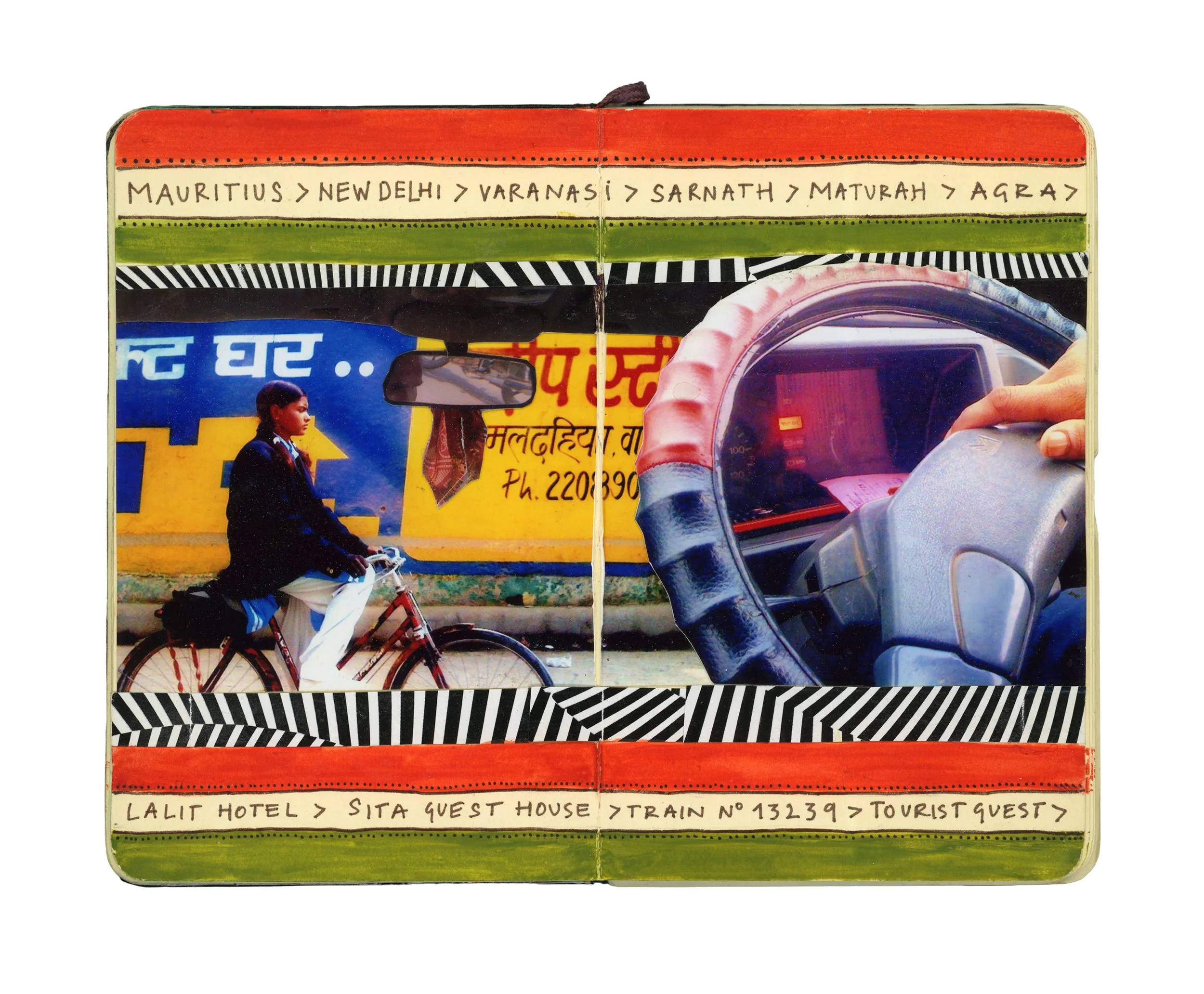 A colorful collage journal featuring travel portions, a young woman riding a bicycle against a painted wall, and a steering wheel of a vehicle.