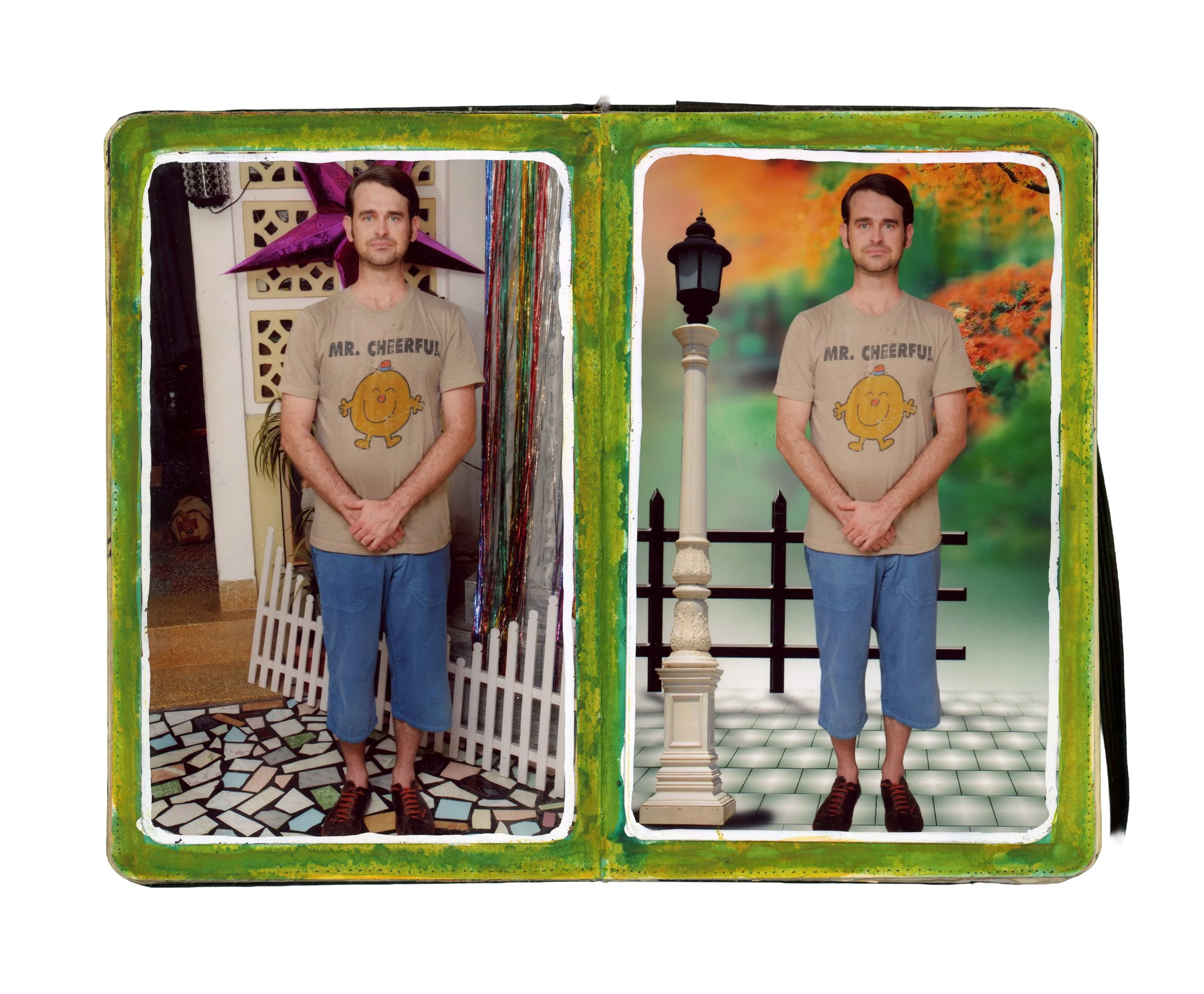 Photo of a man in a beige T-shirt with a cheerful face and the words 'Mr. Cheerful,' standing indoors on a tiled floor, with a decorative purple star-shaped decoration above him on the left side, and an outdoor scene with a lamp post, black fence, an