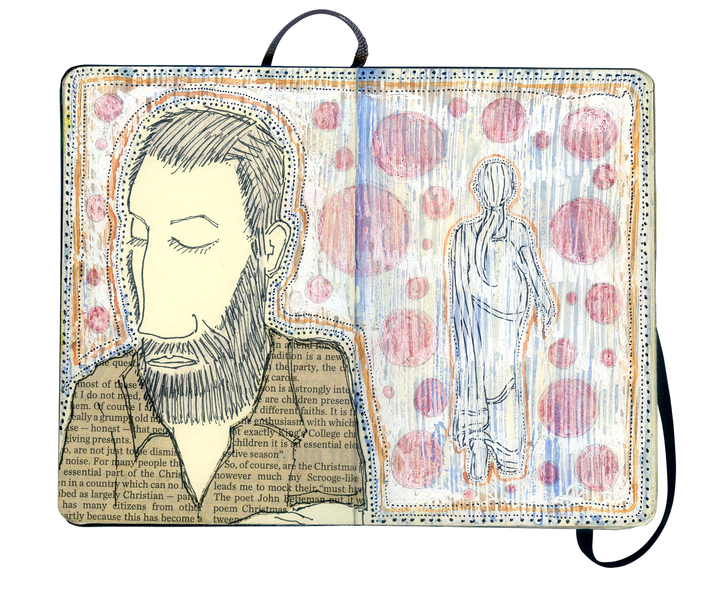 Artistic sketchbook page with a portrait of a man with closed eyes, bearded, drawn with black ink over text, and a stylized figure of a person walking away, surrounded by pink circles and abstract lines.