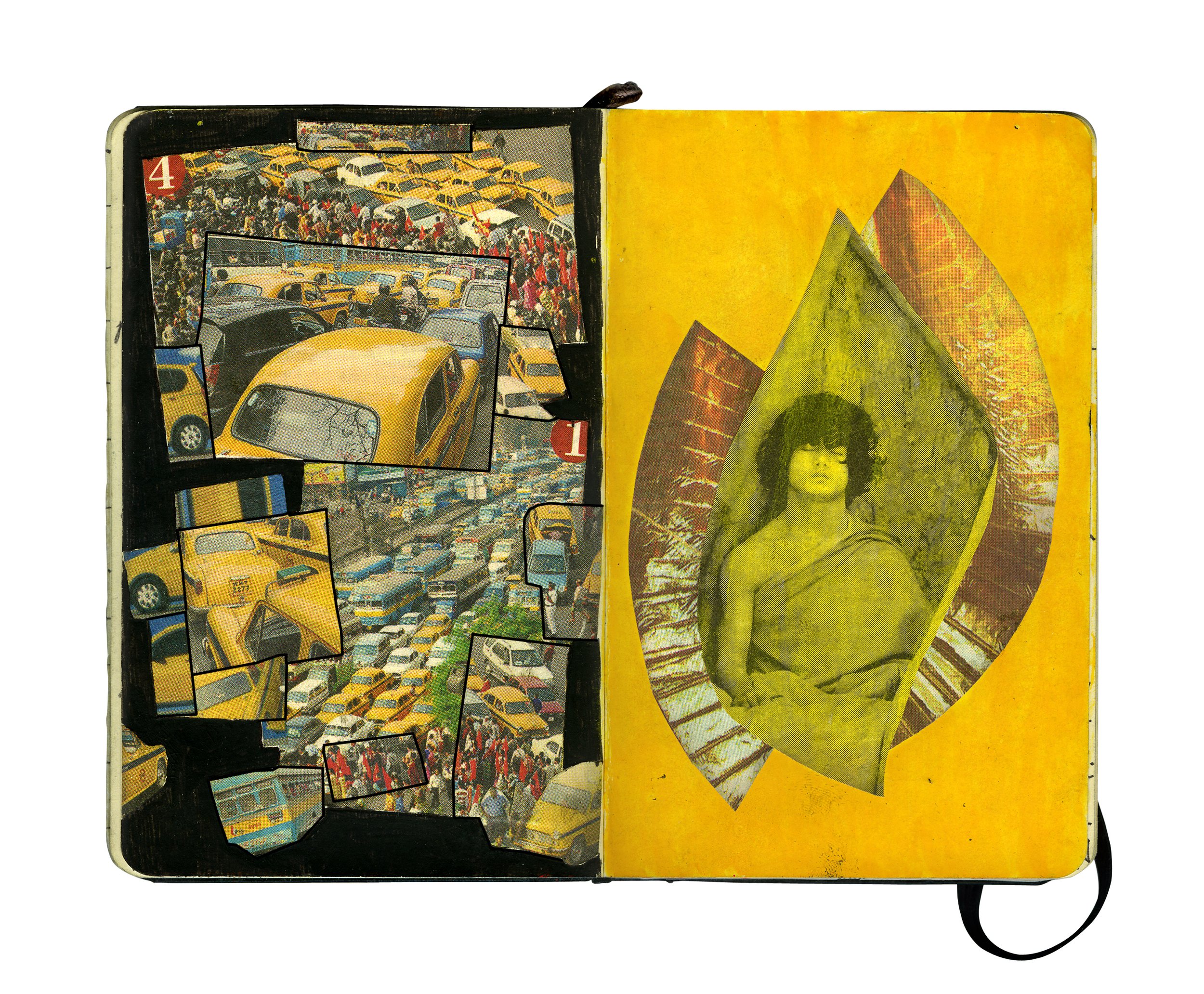 Open notebook with collage of yellow taxis and a painted image of a woman on a yellow background.