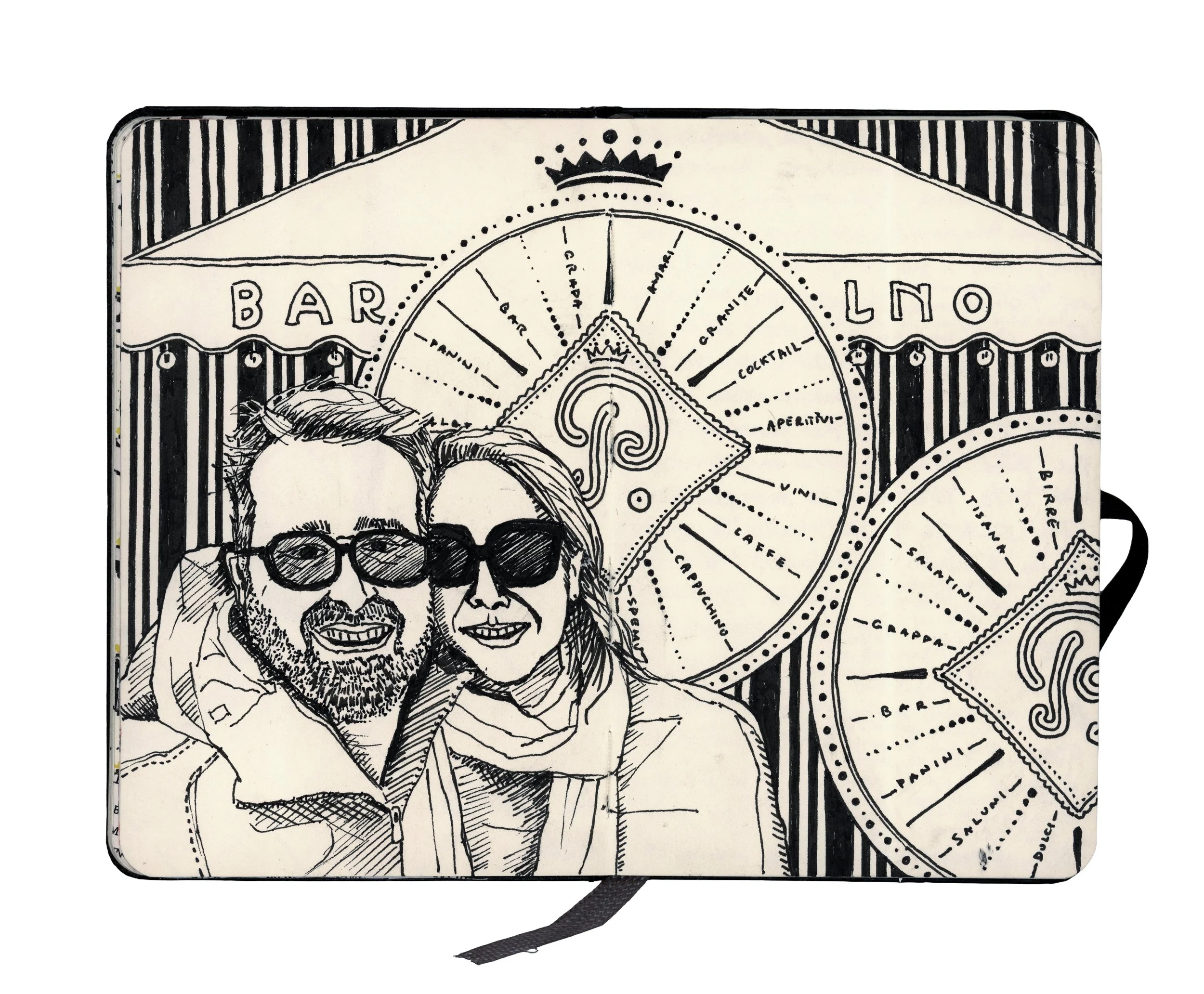 Travel Book from New York, Illustration of a man wearing glasses and a woman smiling, with a background featuring a circular diagram related to bar concepts like garnish, cocktail, aperitif, and saltines, hand made typography