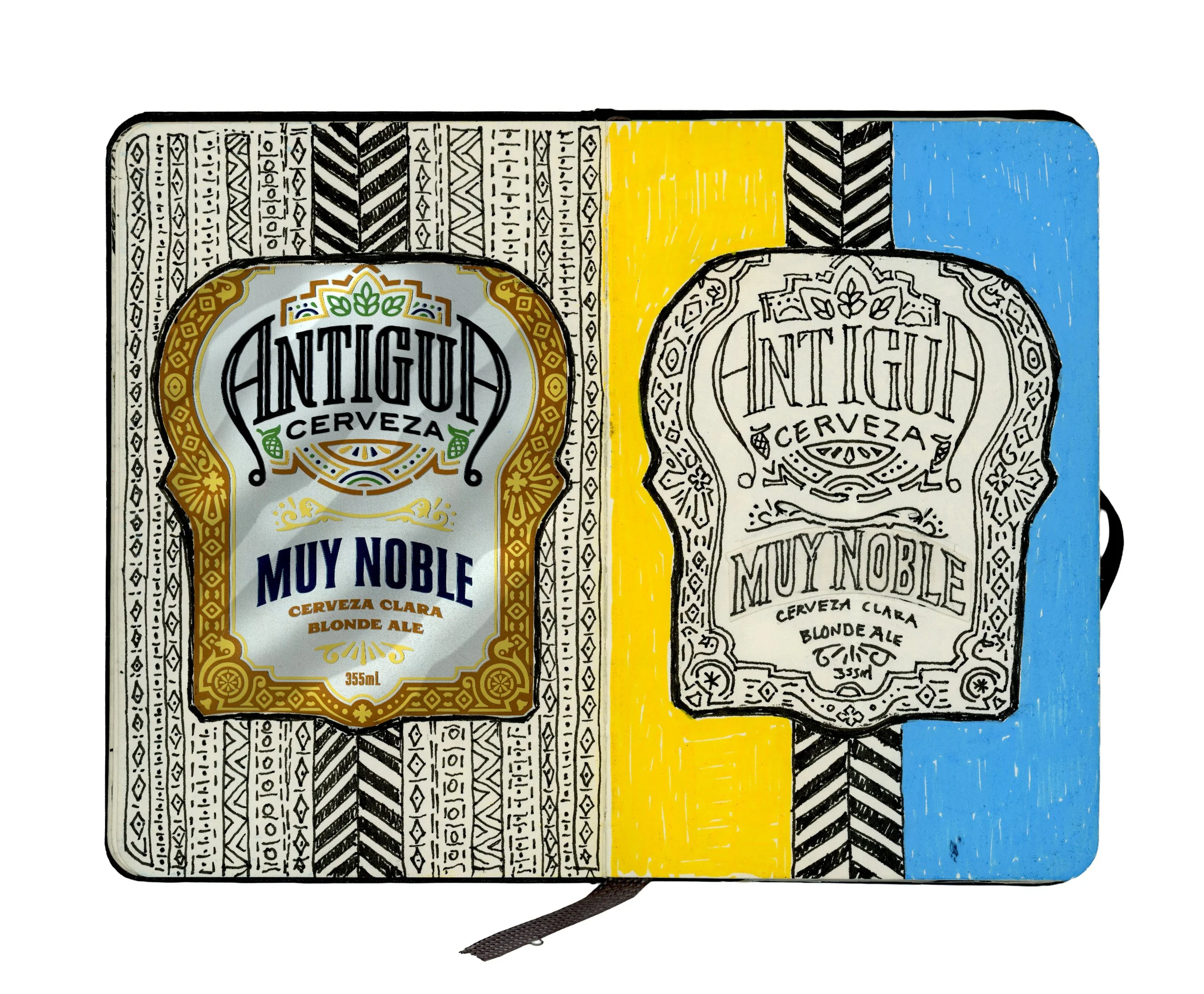 Colored illustrations of a beer label and a matching outline label on a notebook cover, with a black and white tribal pattern background, yellow, blue, and black colors.