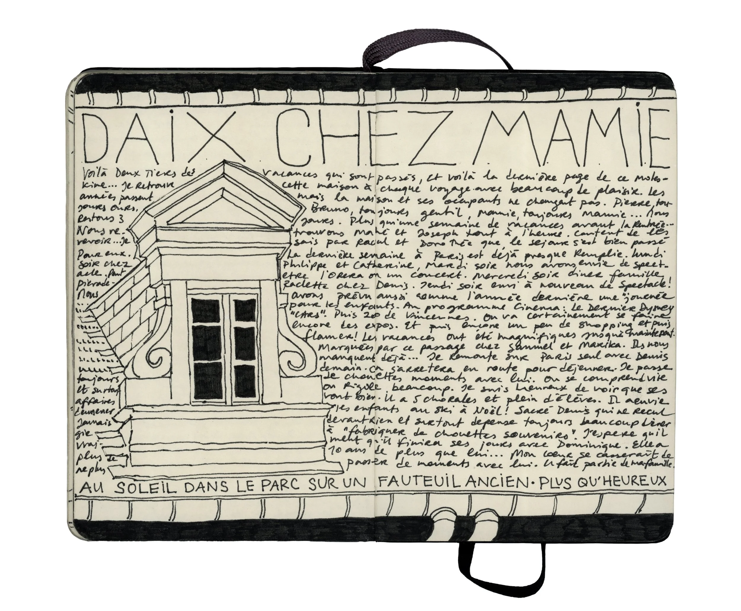 Notebook page with a drawing of a window and handwritten French text, titled "DAIX CHEZ MAMIE" and a subtitle "AU SOLEIL DANS LE PARC SUR UN FAUTEUIL ANCIEN PLUS QU'HEUREUX."
