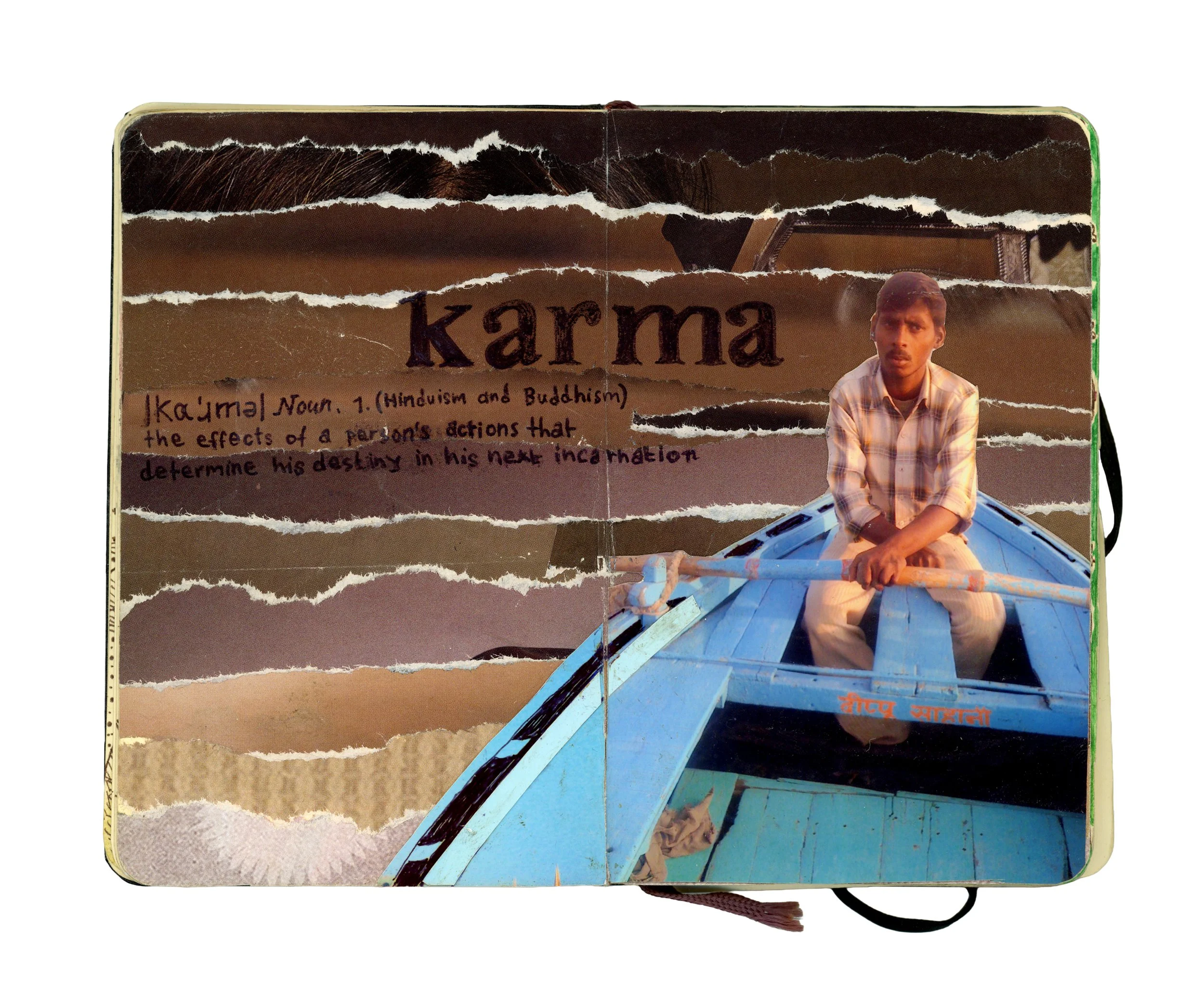 A torn notebook page with the word 'karma' written at the top, a definition underneath, and a young man sitting in a blue boat holding a paddle, wearing a checkered shirt and white pants.