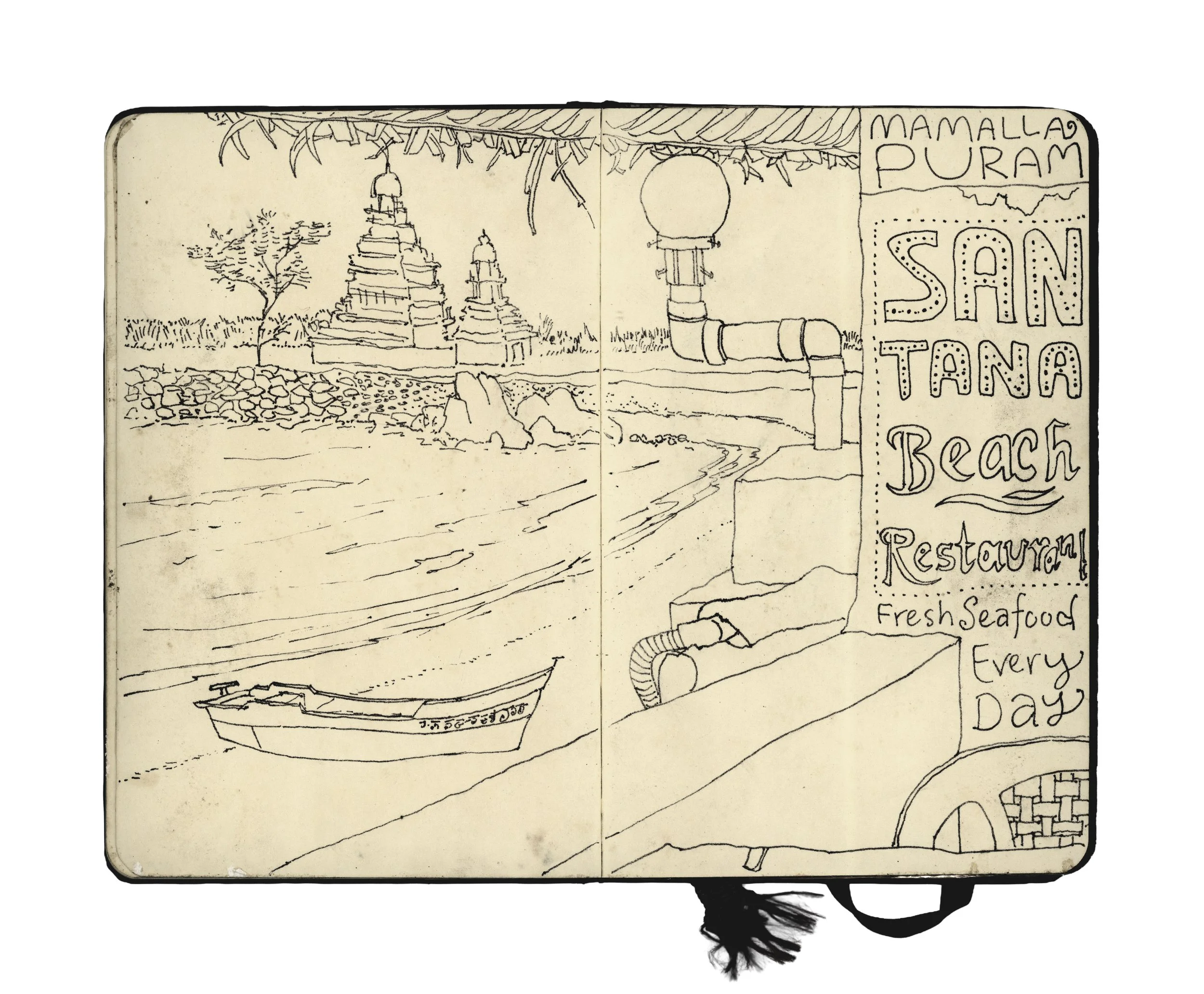 A hand-drawn sketch of Mamalla Puram, San Tana Beach, featuring temples, a tree, a boat on the water, and a restaurant sign with information about fresh seafood served daily.