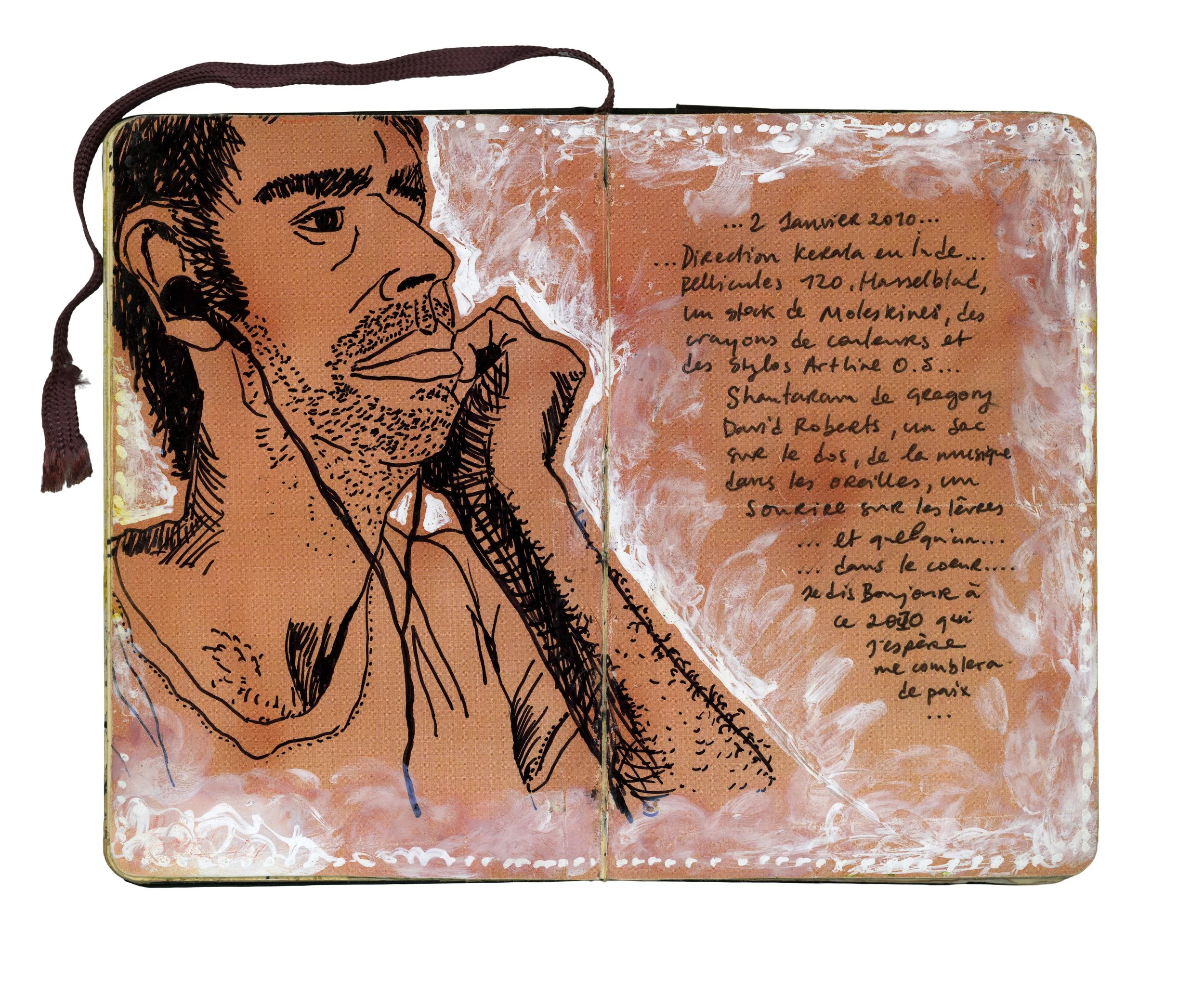 A sketch of a man with a beard and short hair, resting his chin on his hand, drawn with black lines on a peach-colored background, accompanied by handwritten French text on the right side.