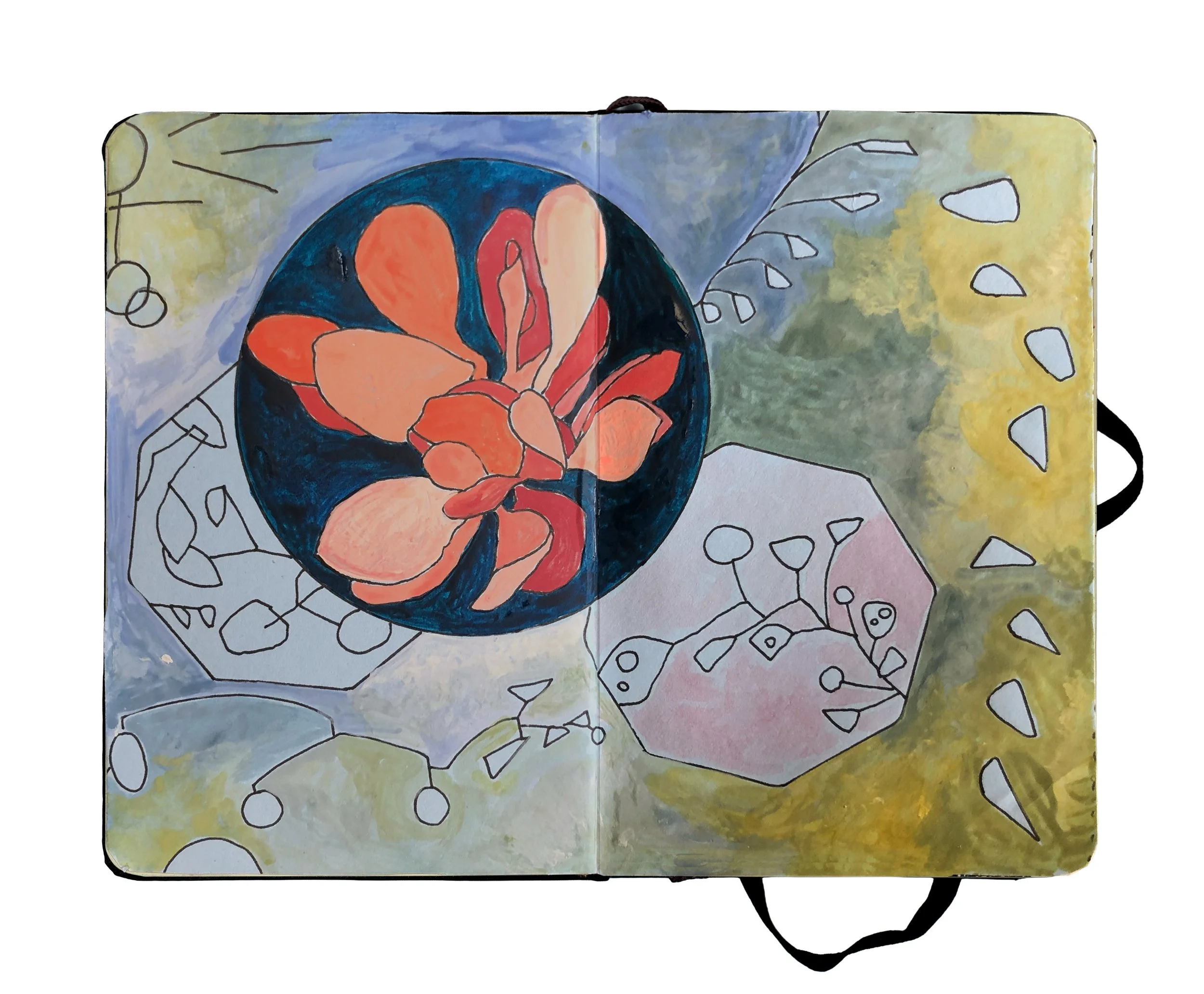 Travel Book from Bueno Aires, Colorful drawing of a flower with orange petals inside a black circle,  inspired by Calder, with abstract background in shades of blue, gray, yellow, and pink, and scattered shapes.