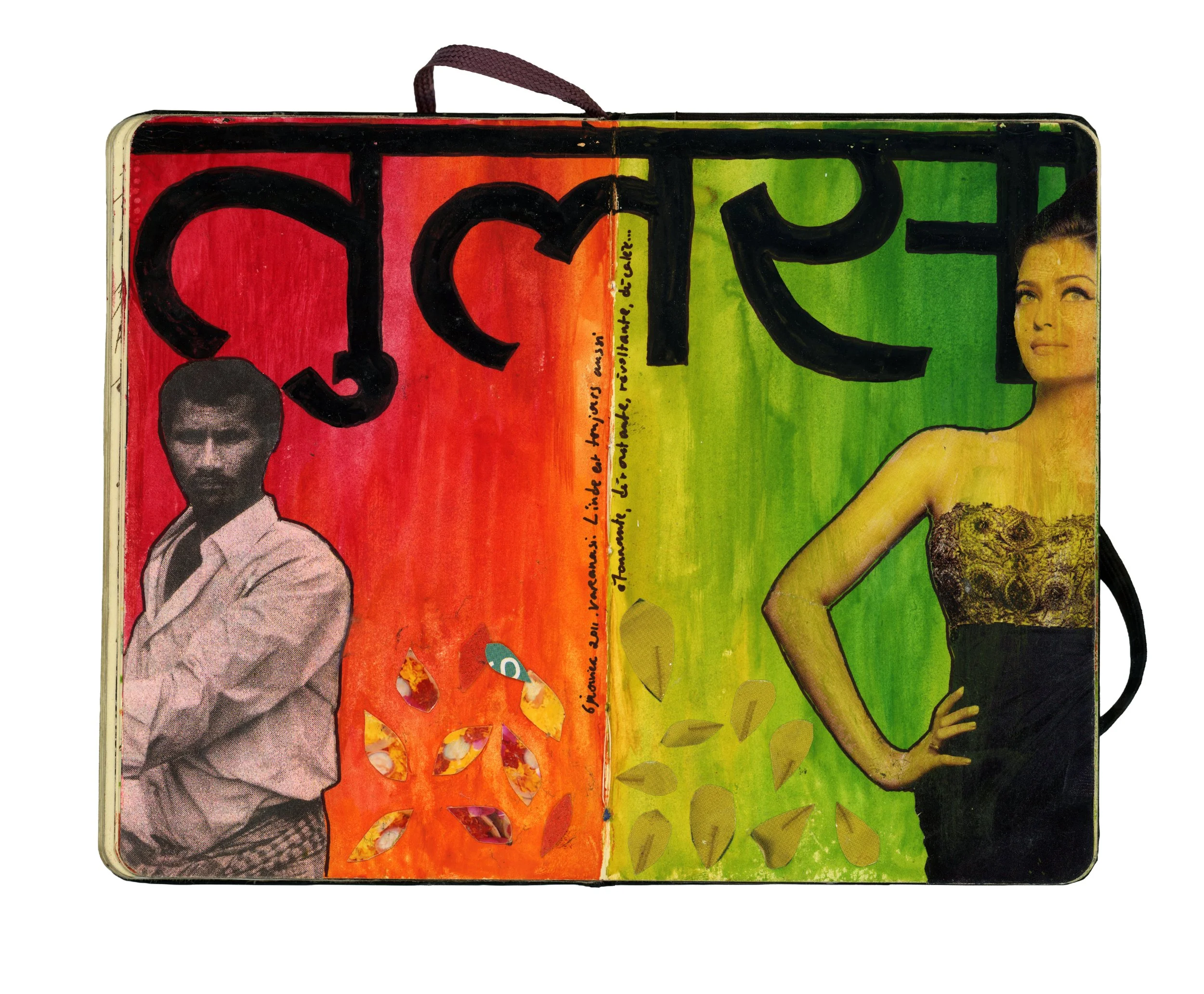 An art journal page divided into two sections with a red and orange background on the left and a green background on the right. The left side features a black and white cutout of a man with a mustache and a mid-20th-century style outfit. The right si