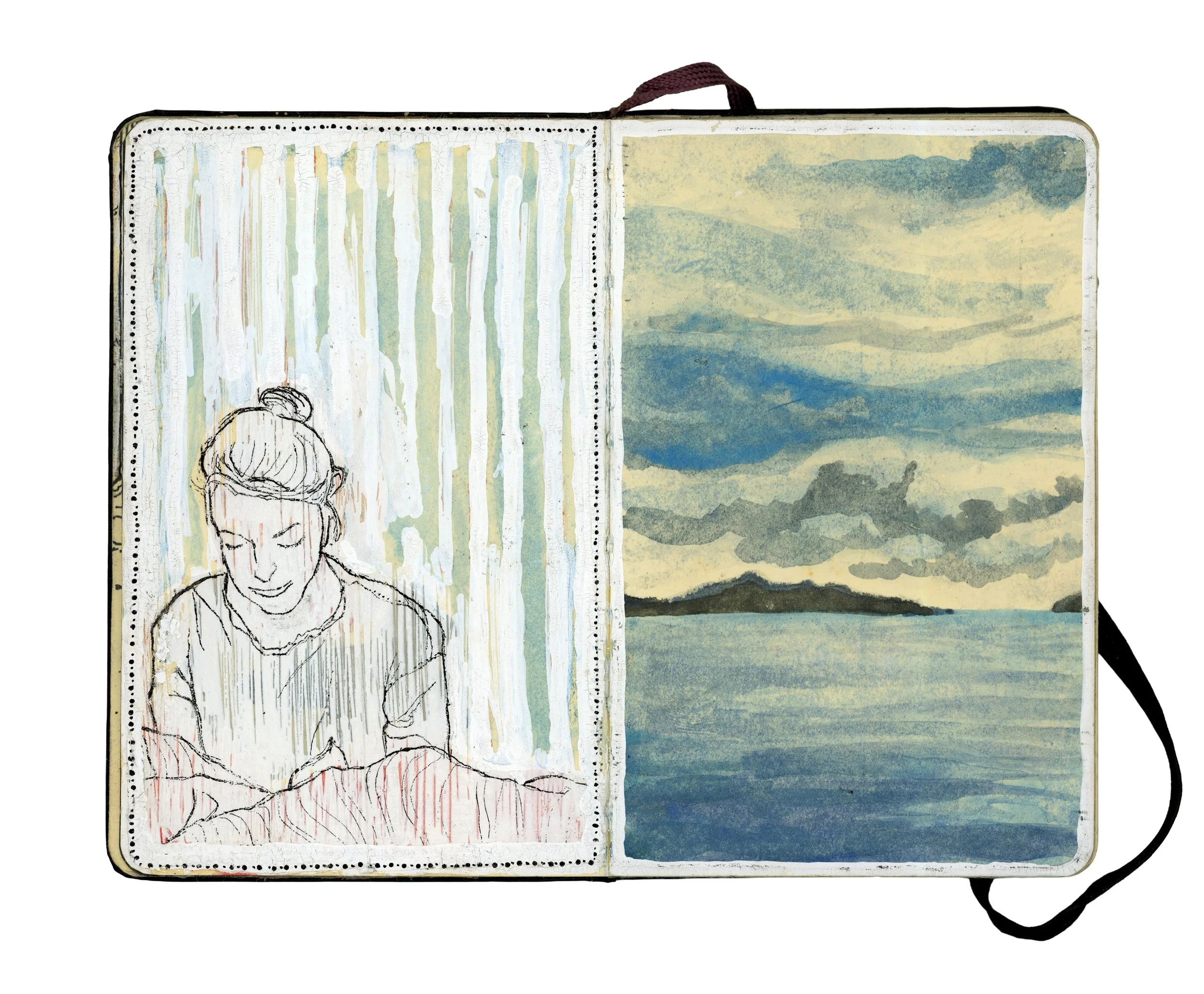 Open sketchbook with illustration of a woman with hair in a bun on the left page and a watercolor painting of a stormy sky over water on the right page.