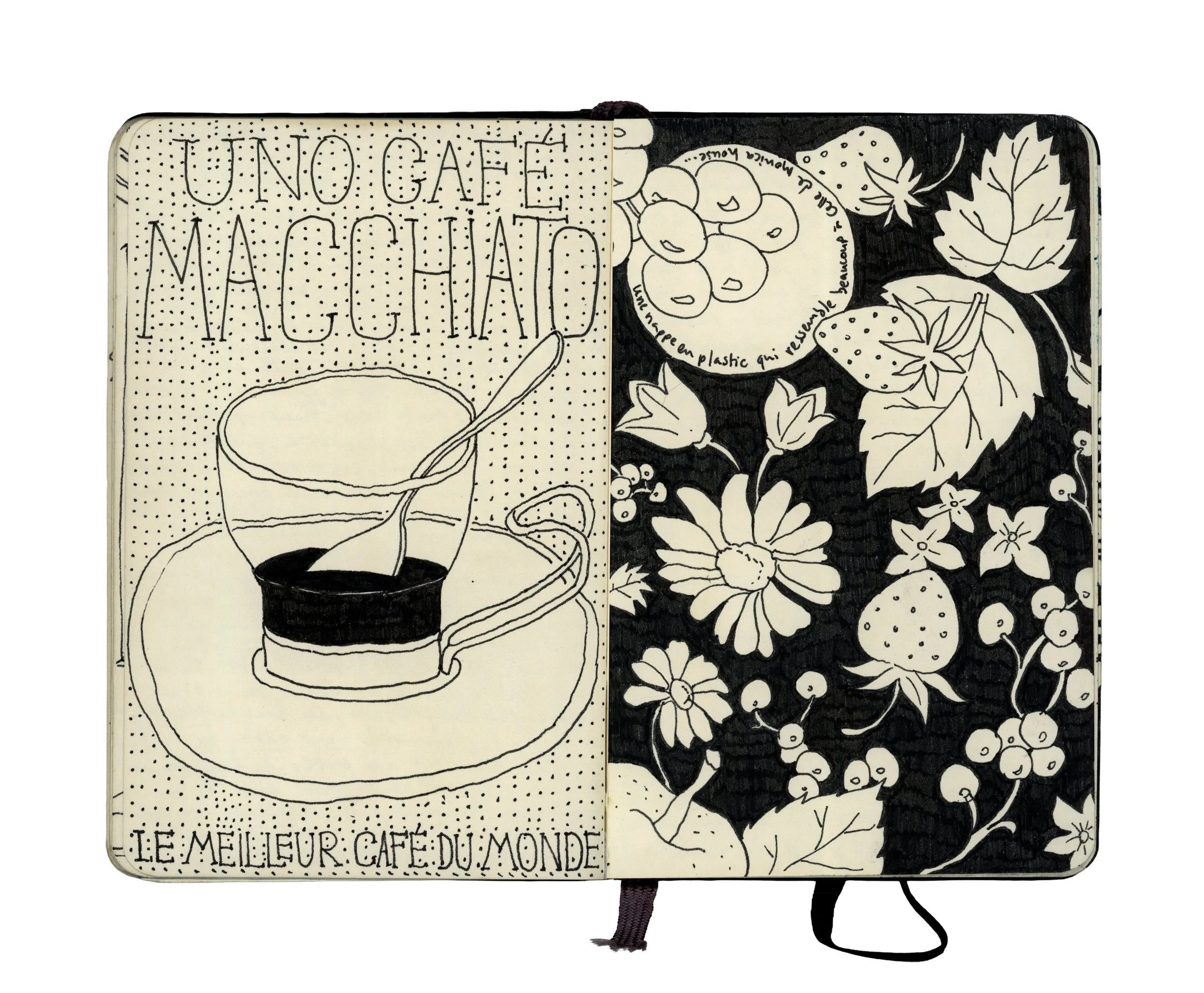 Black and white sketch of a coffee cup on a saucer with a spoon inside, surrounded by French text and floral illustrations.