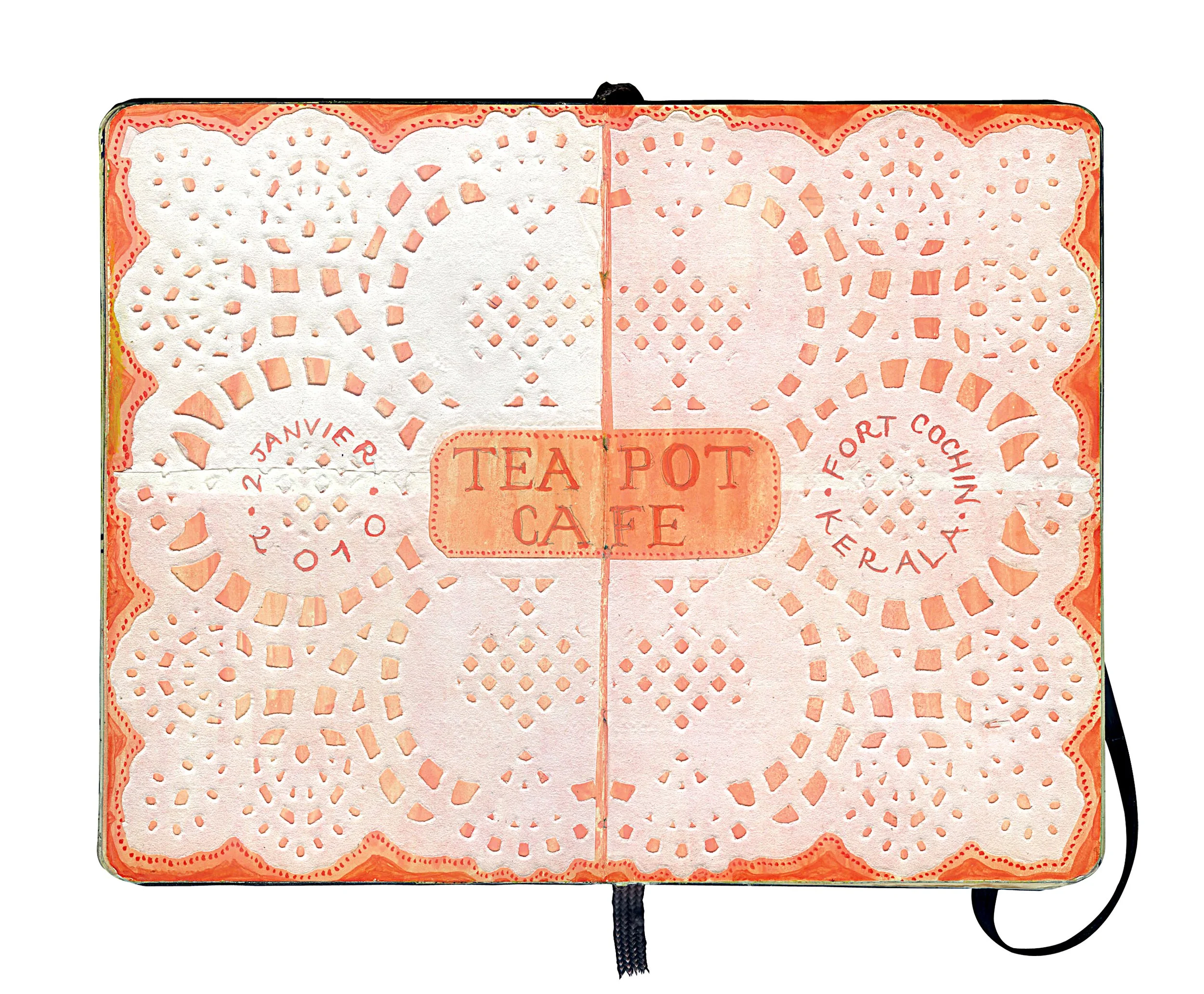 Open notebook with lace-like paper cutouts, displaying the text 'TEA POT CAFE' in the center, with date and location details on either side.