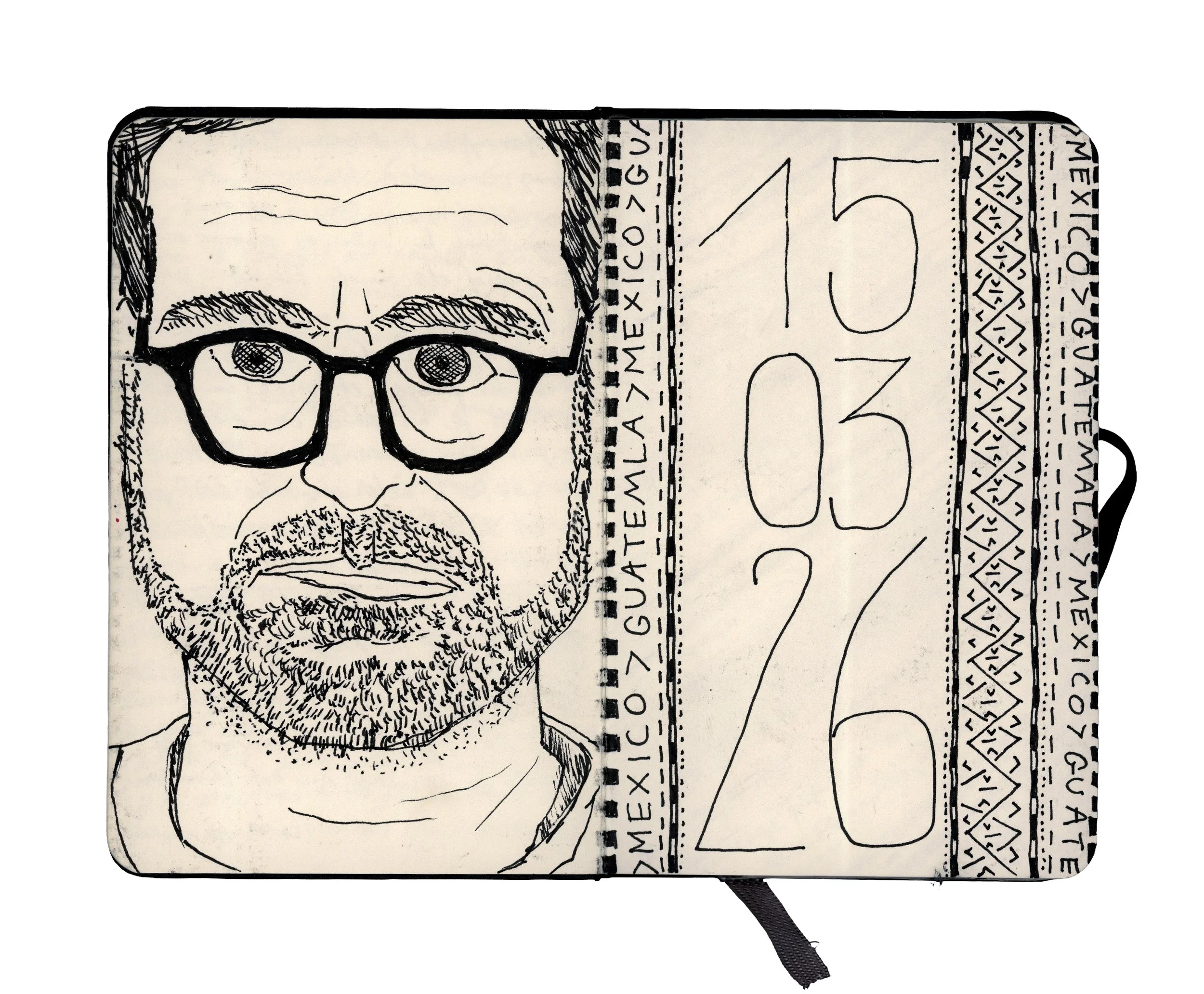 Travel Book, self portrait of Vincent Montocchio, Sketched on a patterned background