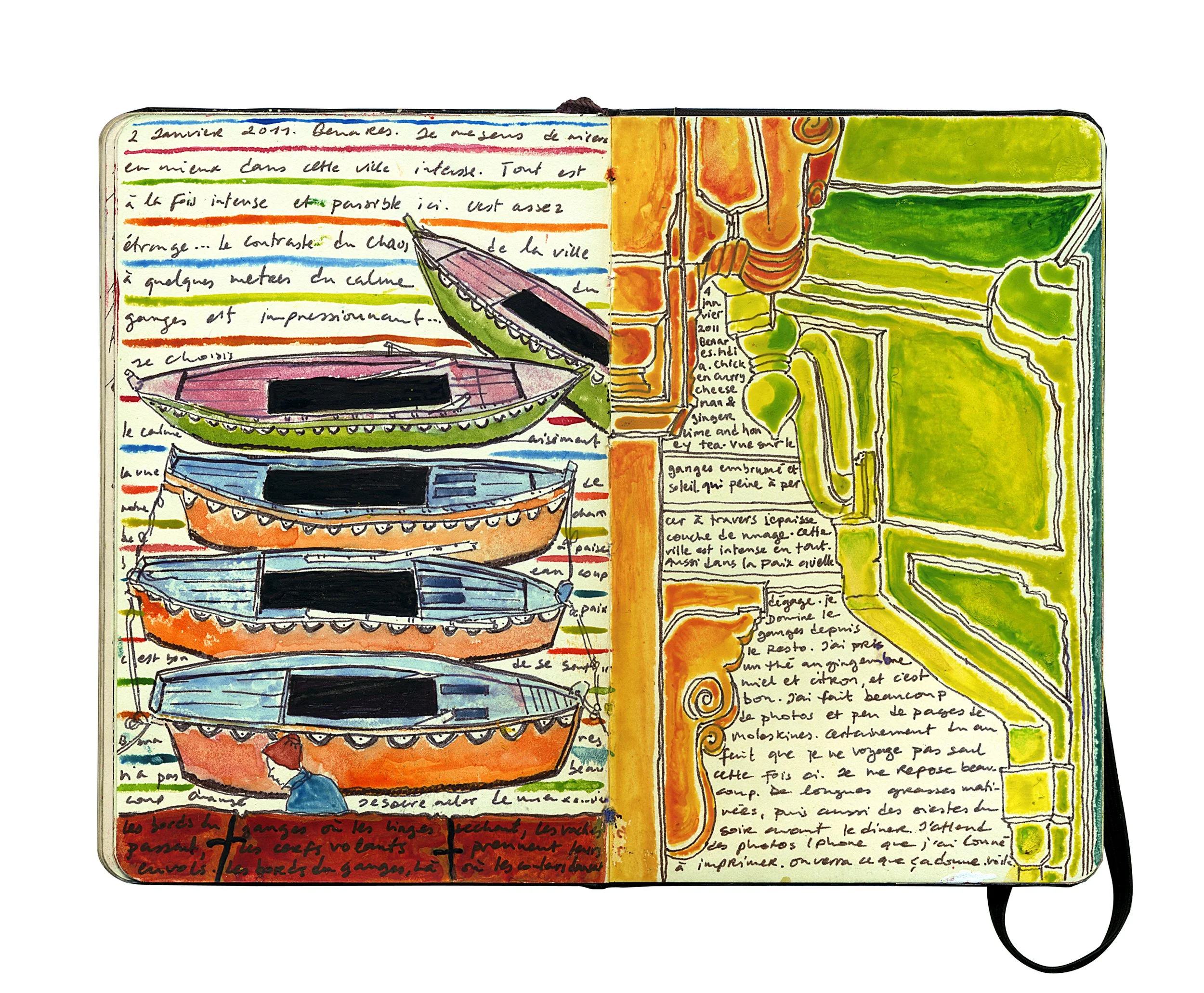 Colorful sketchbook page with five boats in different colors on the left side and a green map or diagram on the right side, with handwritten notes in French.