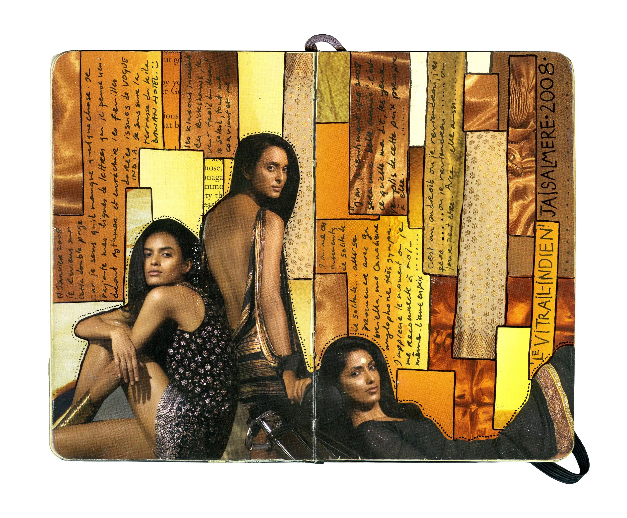 Open book or journal with three women and handwritten notes in yellow, orange, and brown colors. The women are posed confidently and look directly at the camera.