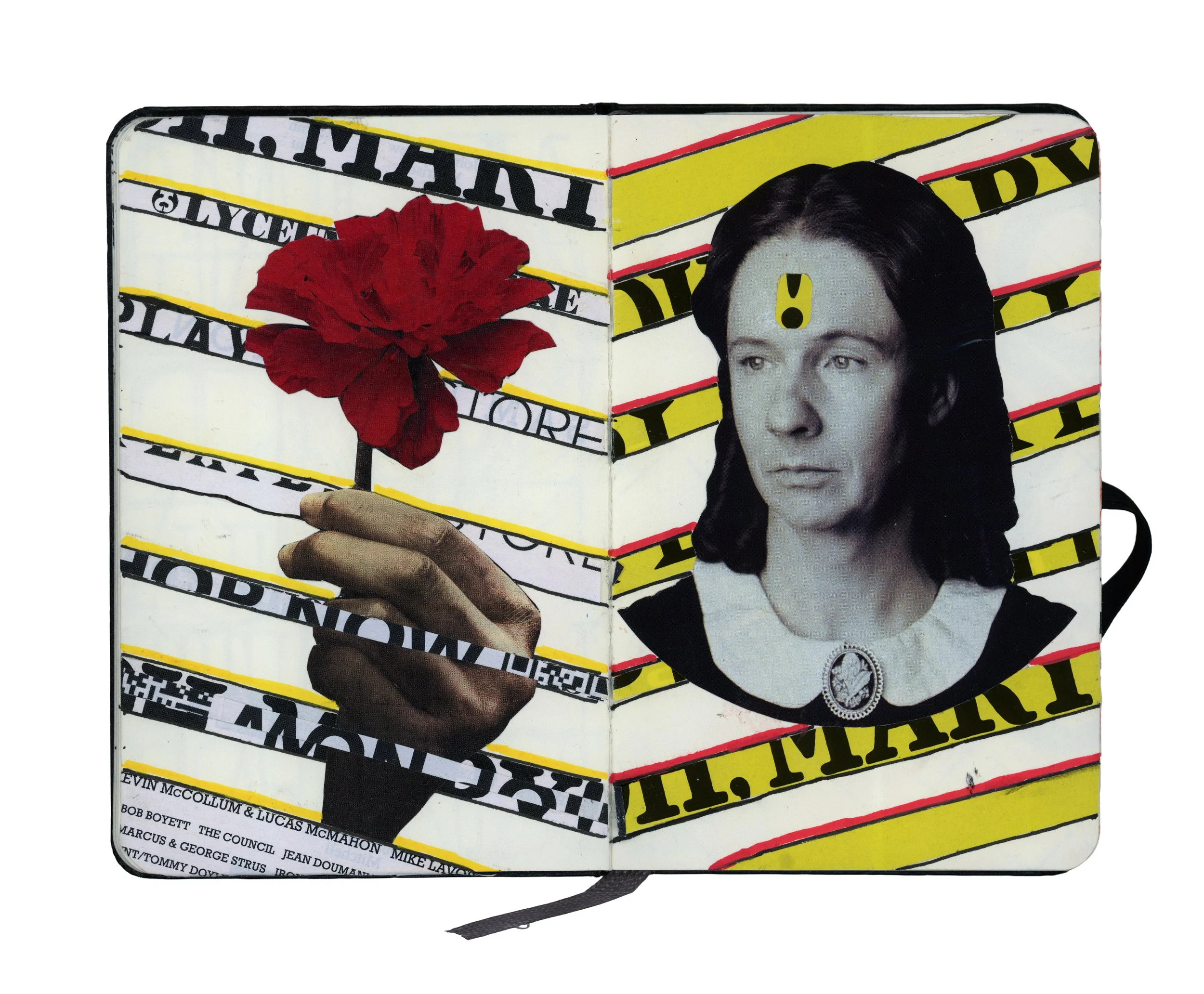Mixed media art piece featuring a black and white photo of a woman with dark hair and a notable yellow exclamation mark on her forehead, a large red paper flower, and layered text and graphic elements in black, yellow, white, and red.