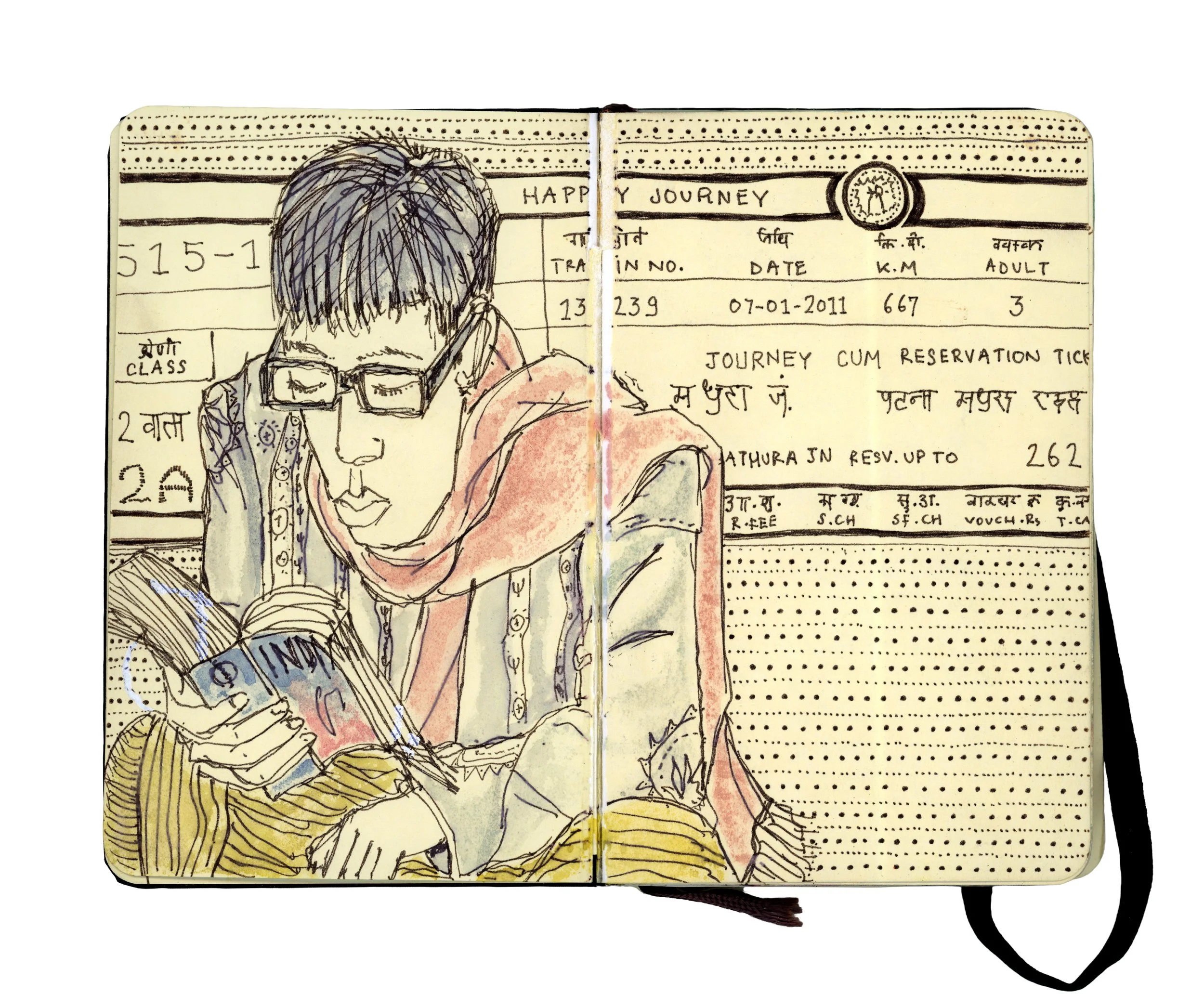 Illustration of a person with glasses reading a book, set against a background of a travel ticket with various details written in Hindi and English.