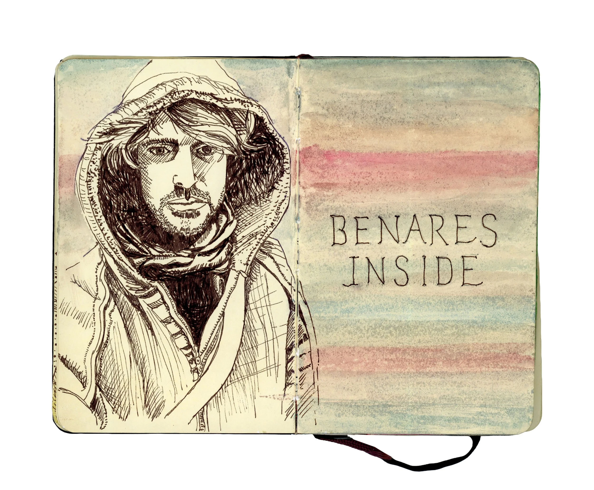 Sketch of a man wearing a hooded jacket with the words "BENARES INSIDE" written on a watercolor background.