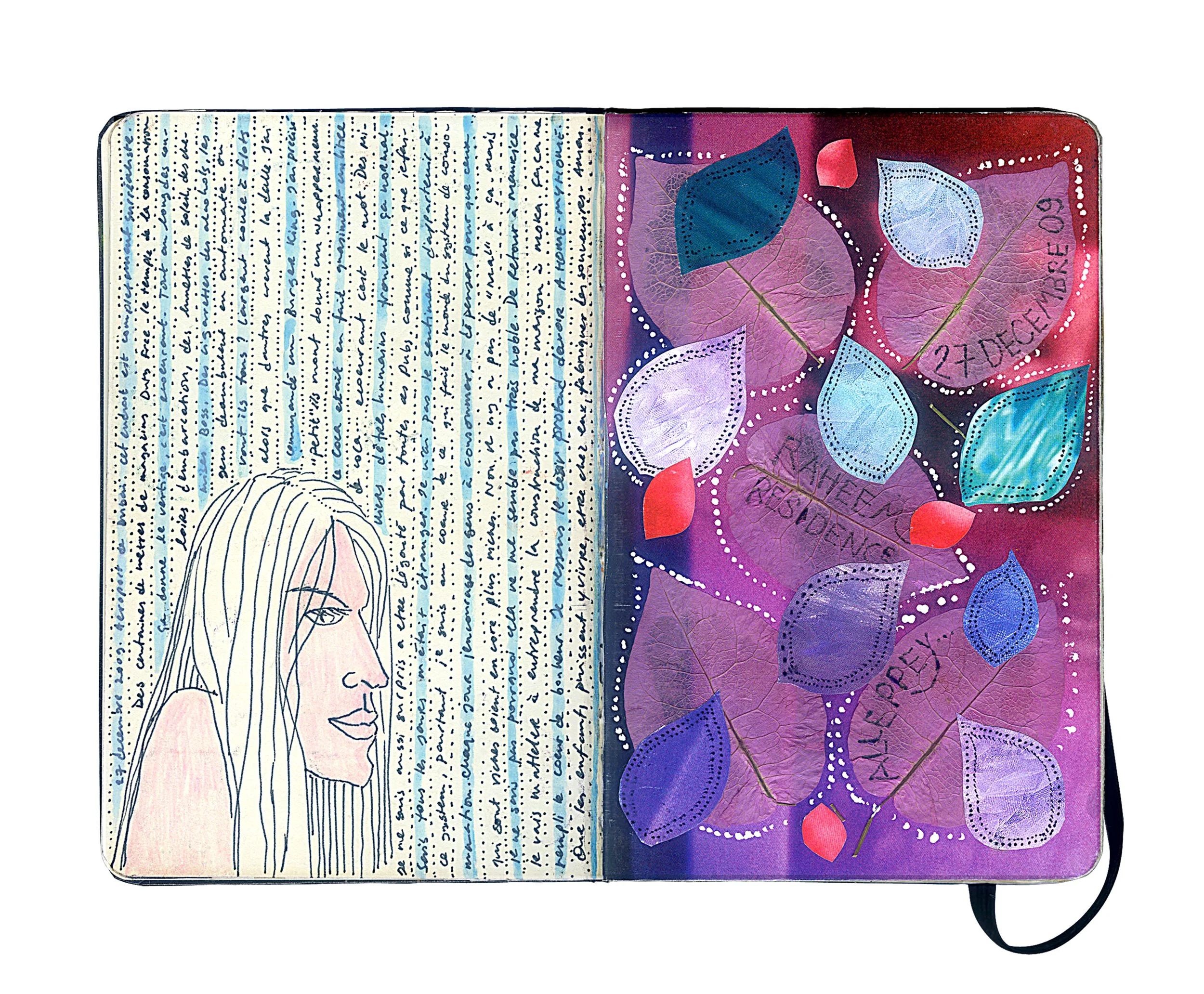 Open journal with handwritten notes on the left page and colorful leaves with words like 'SHEER RESISTANCE' and 'ALREADY PREY' on the right page, with purple and pink background.