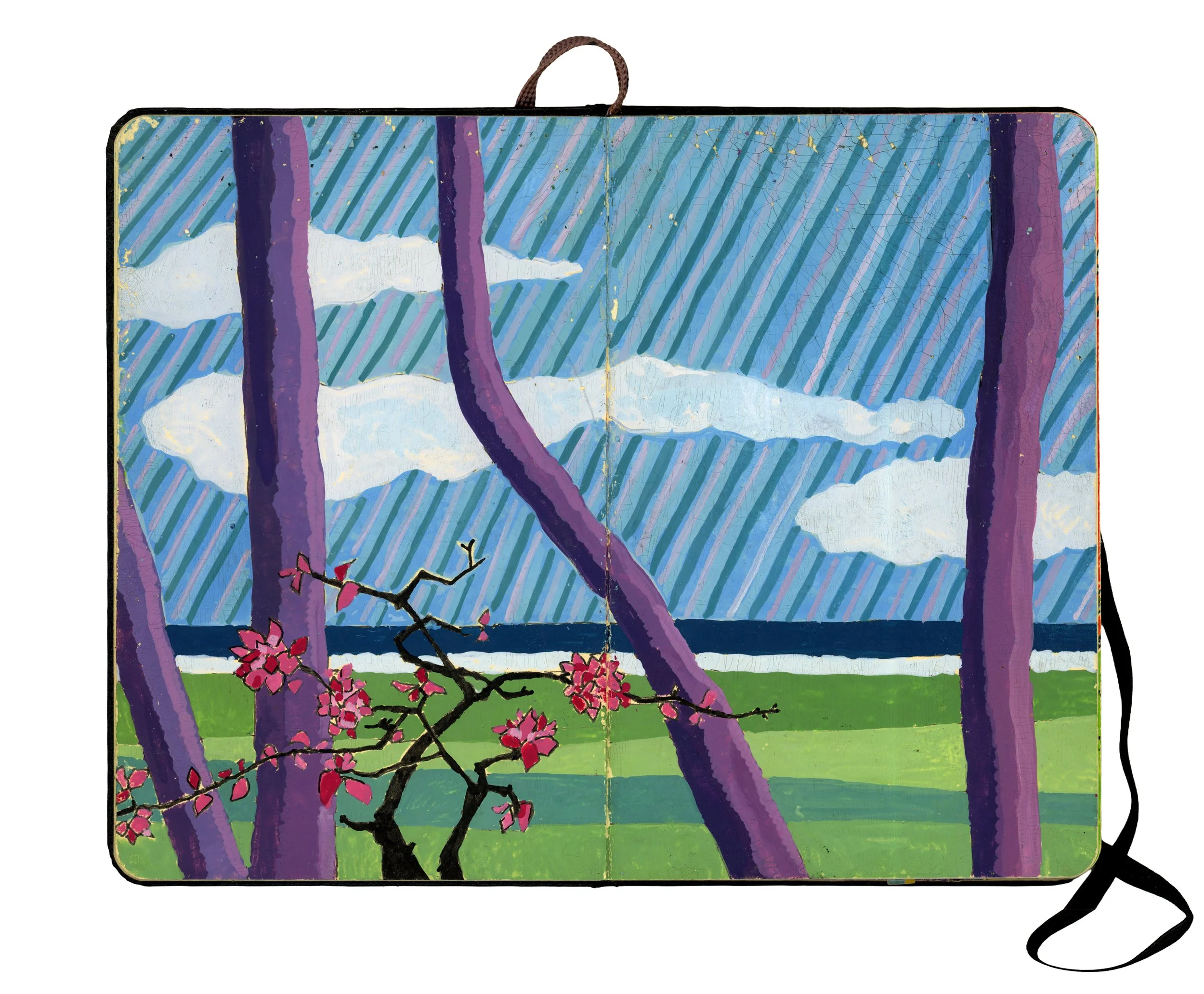 Painting of a landscape with trees, clouds, and flowering branch in a colorful, stylized style.