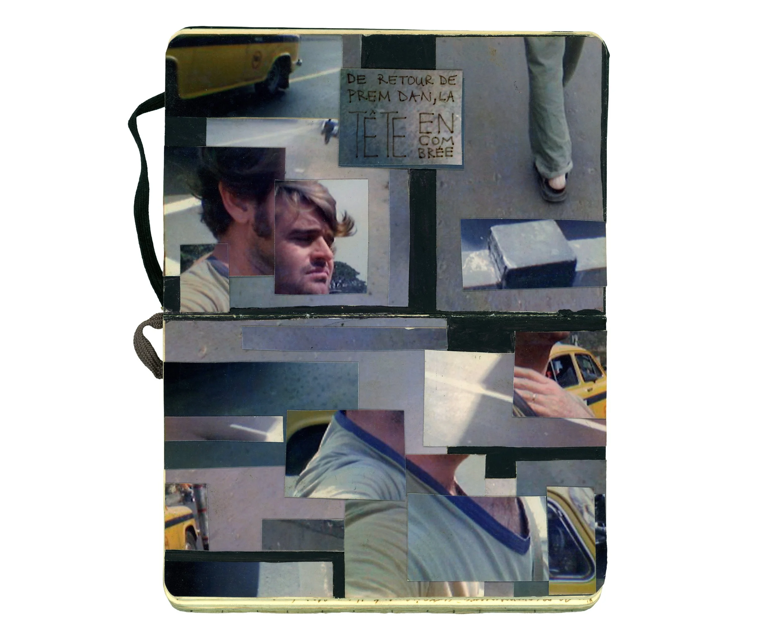 Collage of cut-out photographs on a mirrored surface, including a person's face, a hand on a shoulder, a yellow taxi, a street scene, and a sign in French with a website URL.