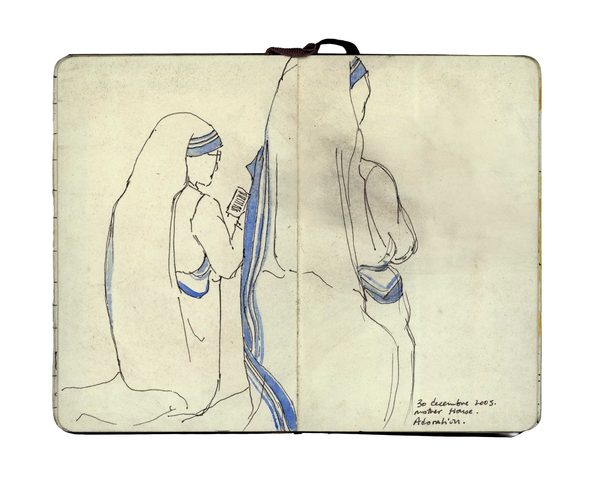 A sketch of two Missionaries of Charity from Mother Teresa in Calcutta, Kolkata. They are praying in Mother's House Chappel