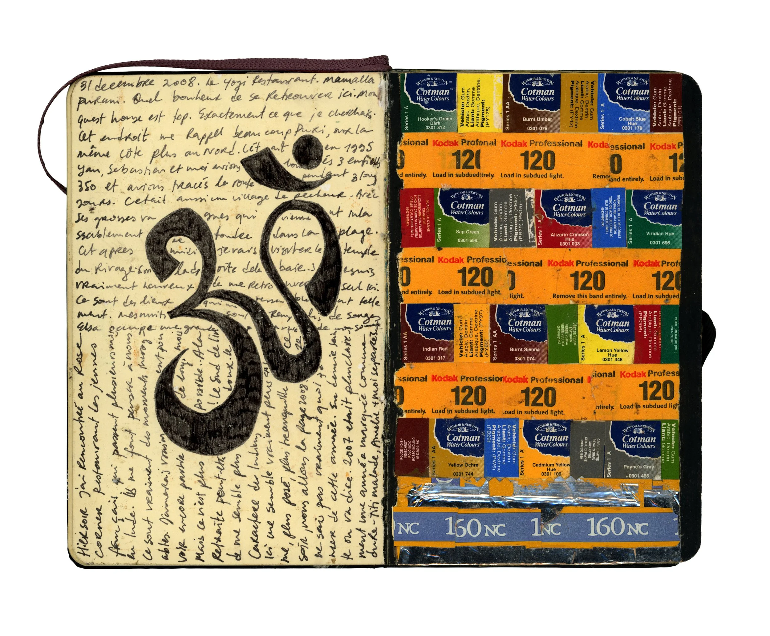 An open notebook with handwritten French text on the left page and a collection of color film rolls and labels on the right page. The left page has a large black artful number 20.