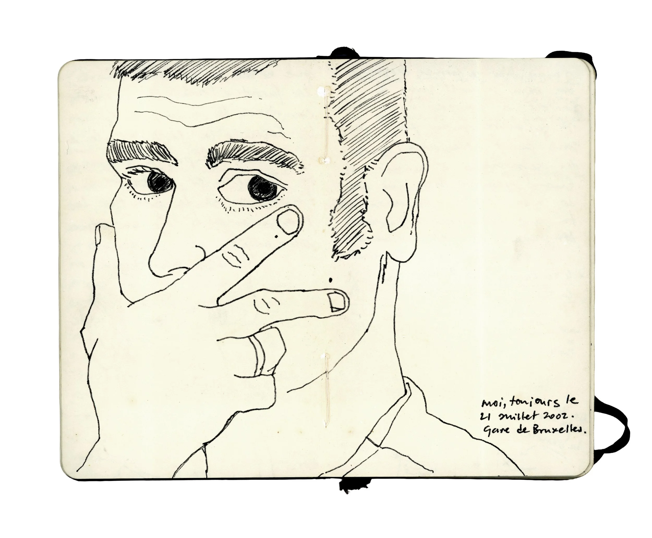 Sketch of a person's face with one eye covered by their hand, in a notebook, dated July 21, 2007, Gare de Bruxelles.