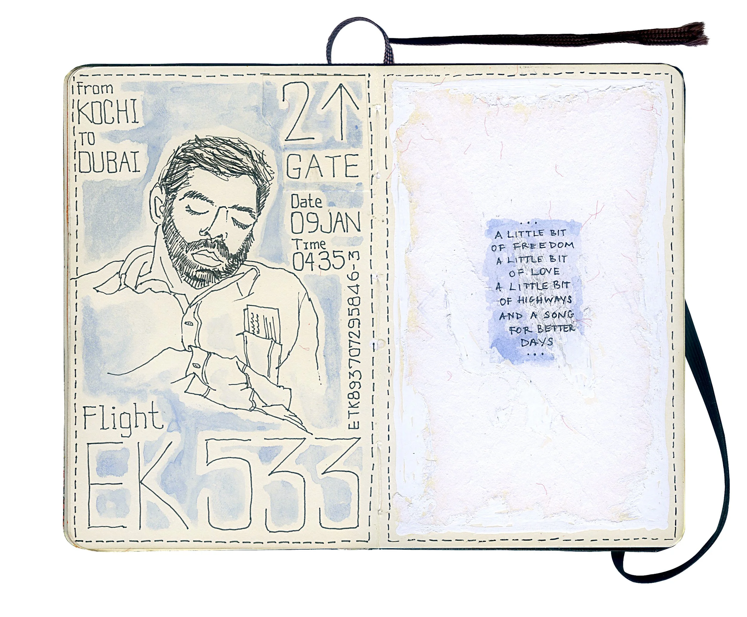 Sketch of a man with glasses and a beard, looking at his phone, with a plane ticket indicating travel from Kochi to Dubai, flight number EK 553, date January 9th, time 4:35 AM.