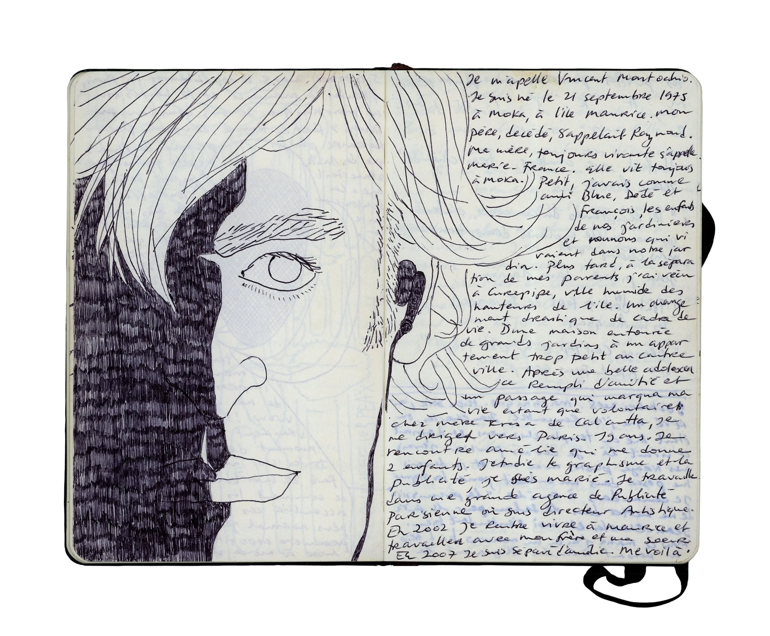 Sketch of a Vincent Montocchio self portrait face with handwritten notes on the right side of the page.