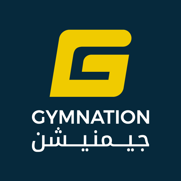 Logo with a stylized yellow 'G' and the words 'GYM'NATION' in English and Arabic.