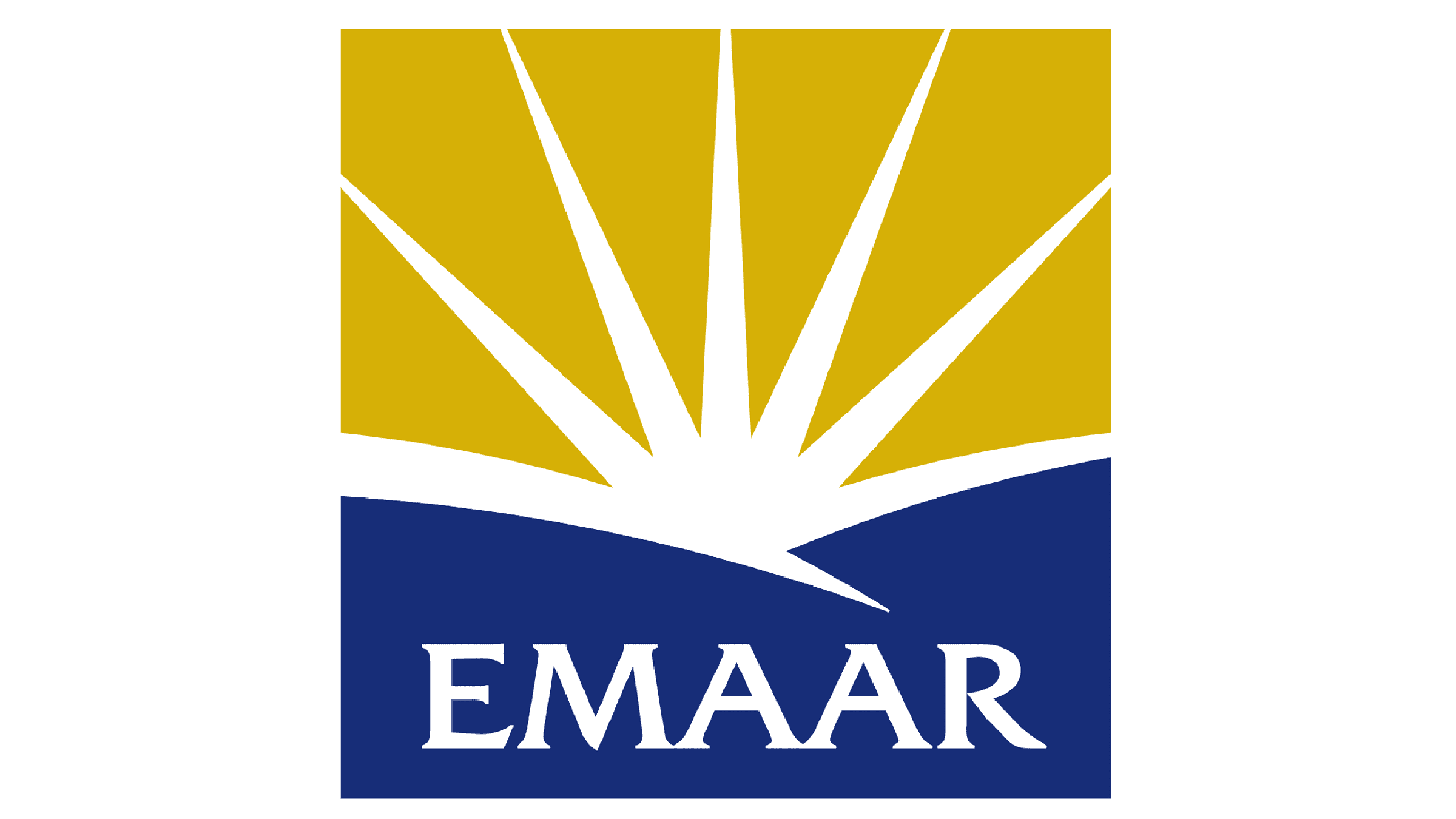 Emaar logo with a stylized sun rising above blue hills, featuring the word 'EMAAR' in white capital letters.