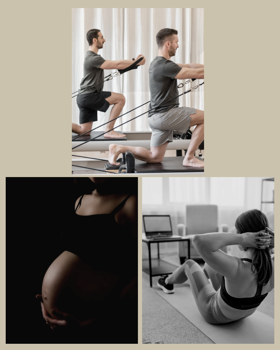 Top image: Two men exercising with resistance bands on a fitness reformer machine, one in front and one behind in a studio with curtains. Bottom left: A pregnant woman holding her belly in darkness. Bottom right: A woman doing sit-ups on a yoga mat in a room with a laptop and a chair, in black and white.