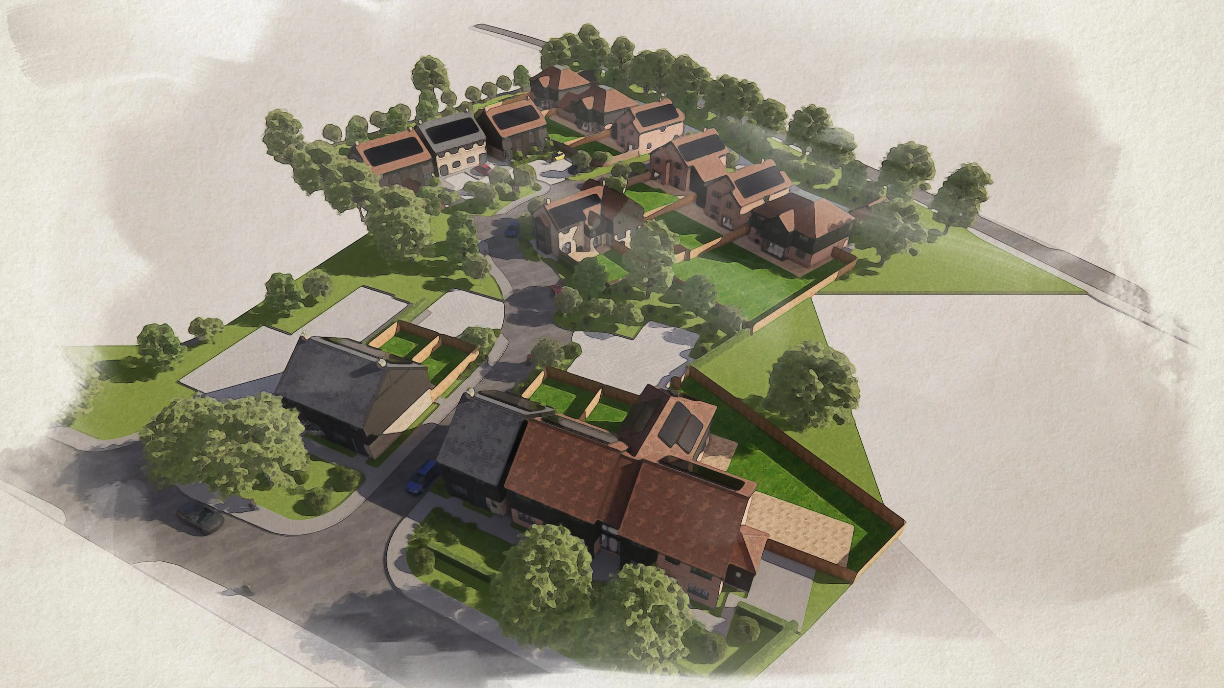 Artist's rendering of a residential neighborhood with multiple houses, trees, driveways, and landscaped yards.