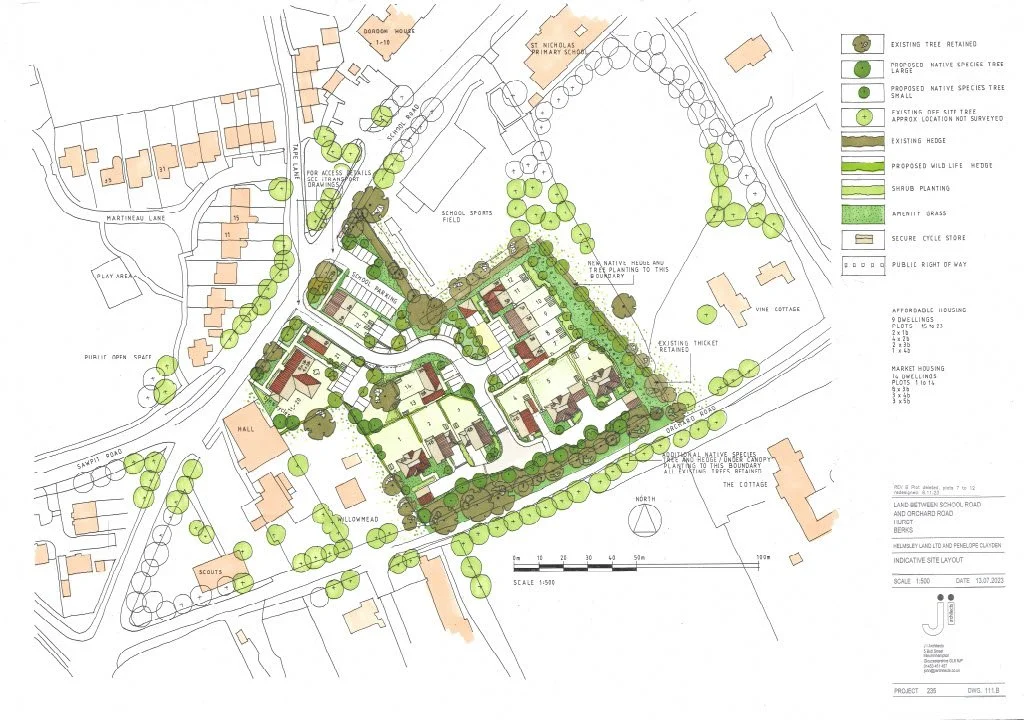 A site plan of a residential community showing various housing types, trees, pathways, and landscape features with labels and a legend.