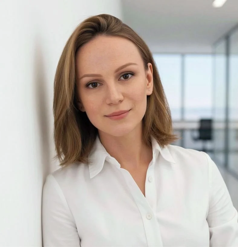 Eine junge Frau mit braunem Haar, trägt ein weißes Hemd, steht in einem modernen Bürogebäude, lächelt leicht, im Hintergrund große Fenster und Büromöbel.