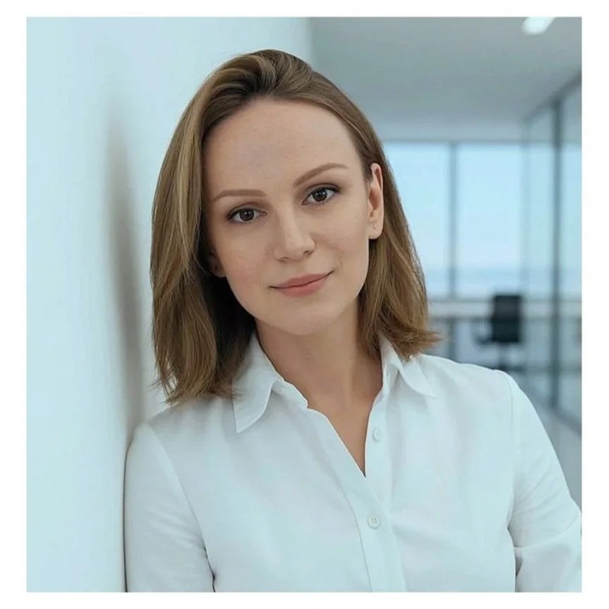 Junge Frau mit braunen Haaren, weißem Hemd, in einem modernen Büro mit großen Fenstern im Hintergrund.