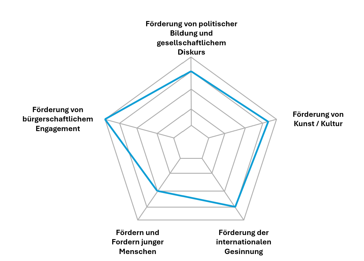 Radardiagramm mit fünf Achsen, die verschiedene gesellschaftliche Förderbereiche darstellen, mit einem mittleren blauen Bereich.